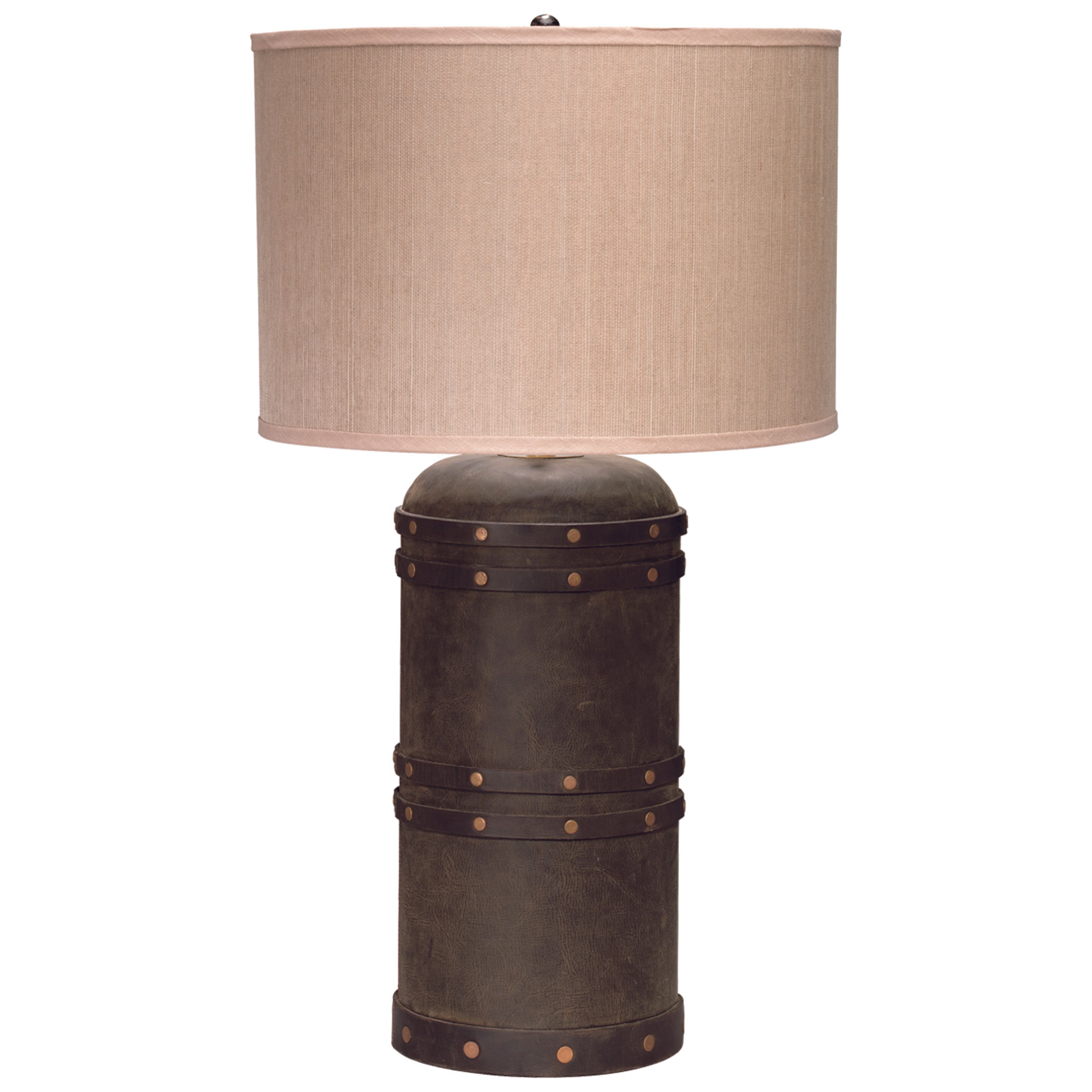 Barrell Leather Table Lamp with Elephant Hemp Shade by Jamie Young
