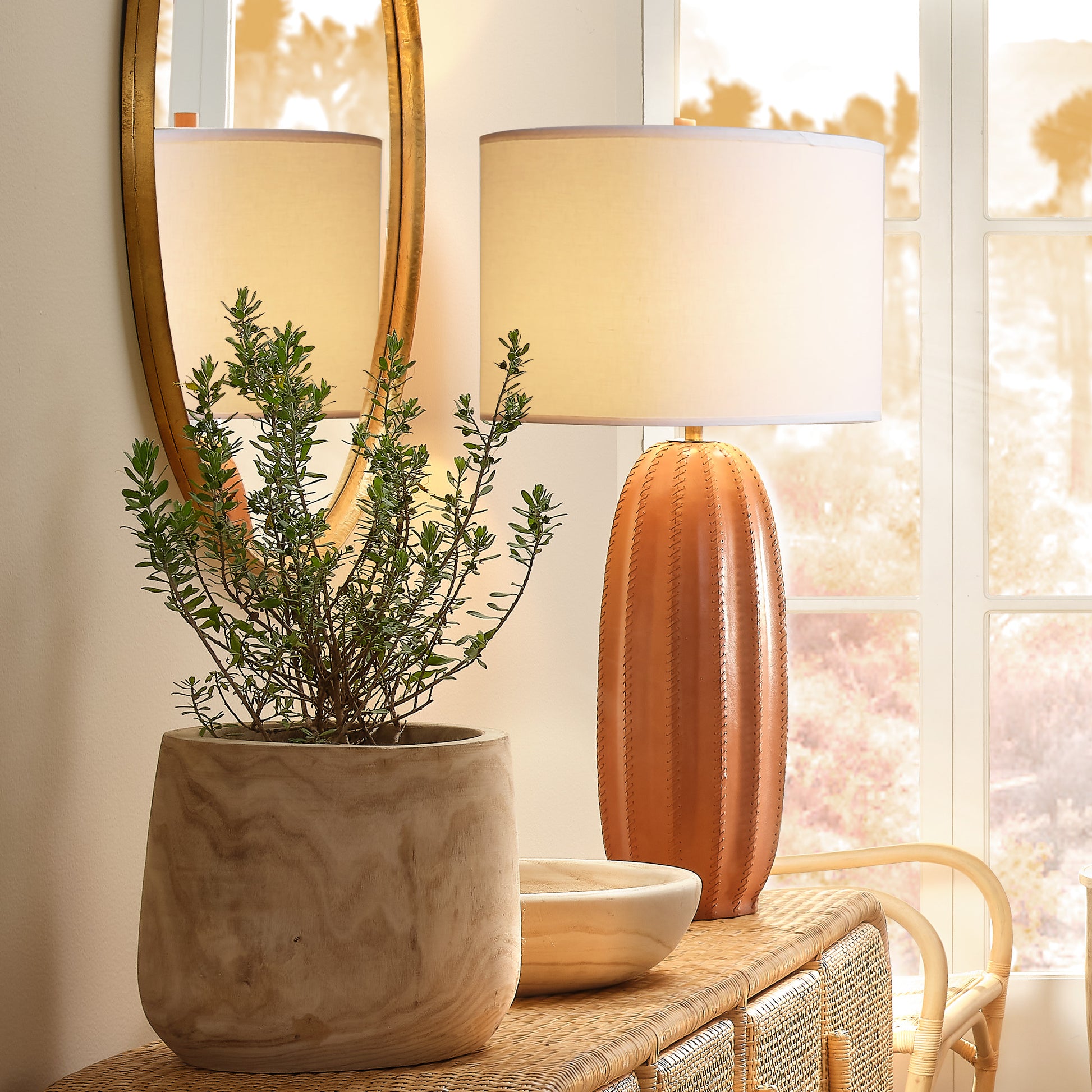 Beckham Leather Table Lamp with Linen Shade, Tan by Jamie Young
