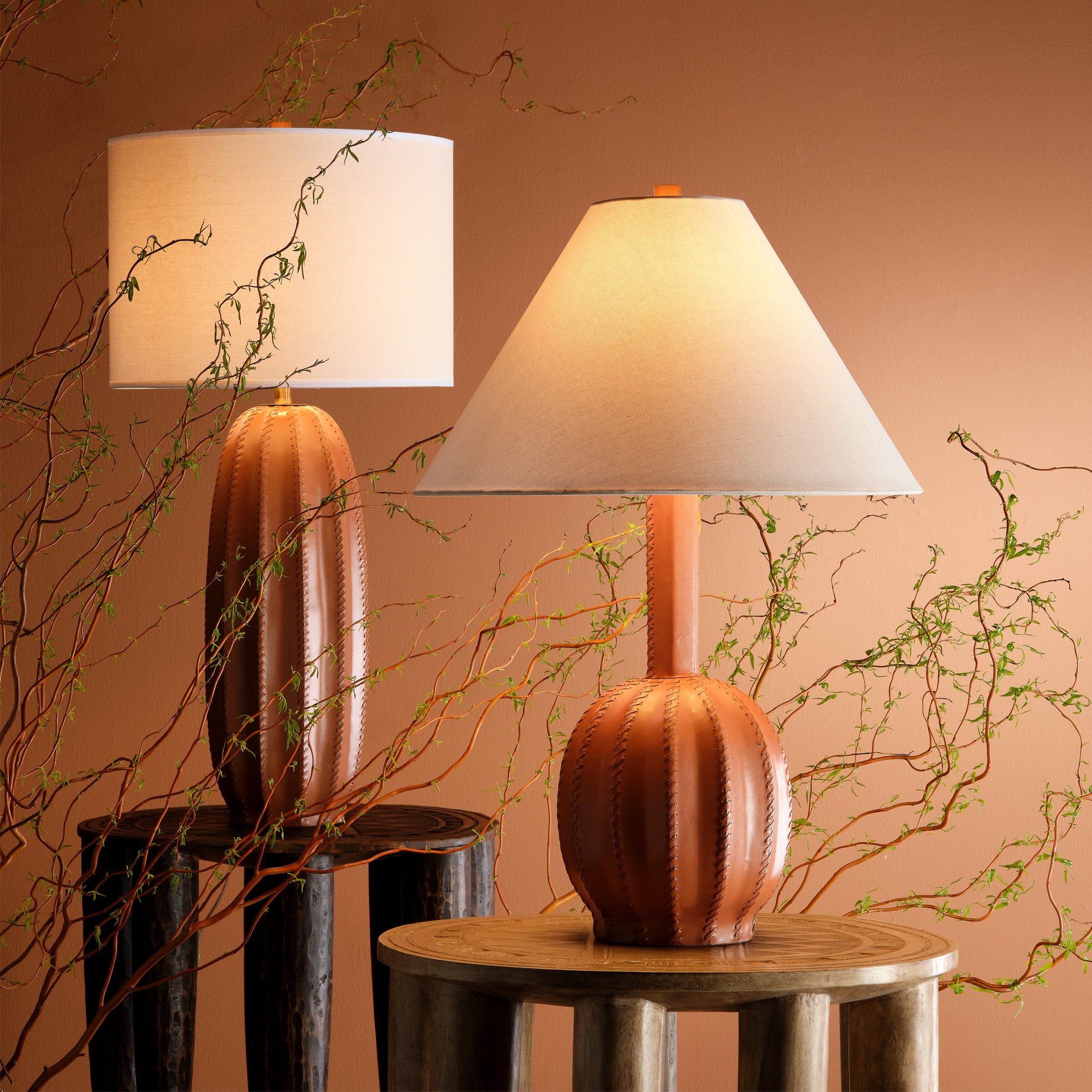 Beckham Leather Table Lamp with Linen Shade, Tan by Jamie Young