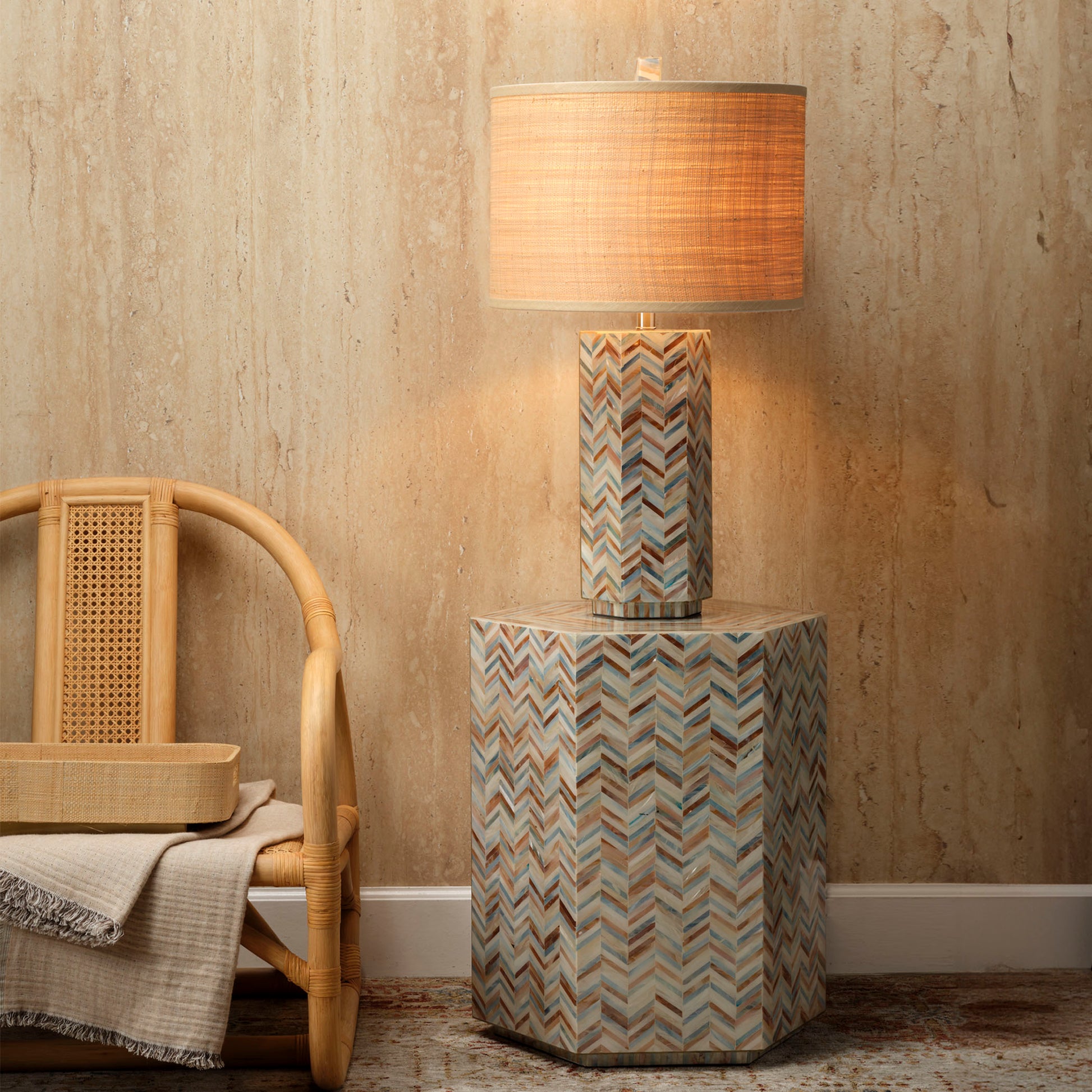 Lucille Mother of Pearl Table Lamp with Raffia Shade by Jamie Young