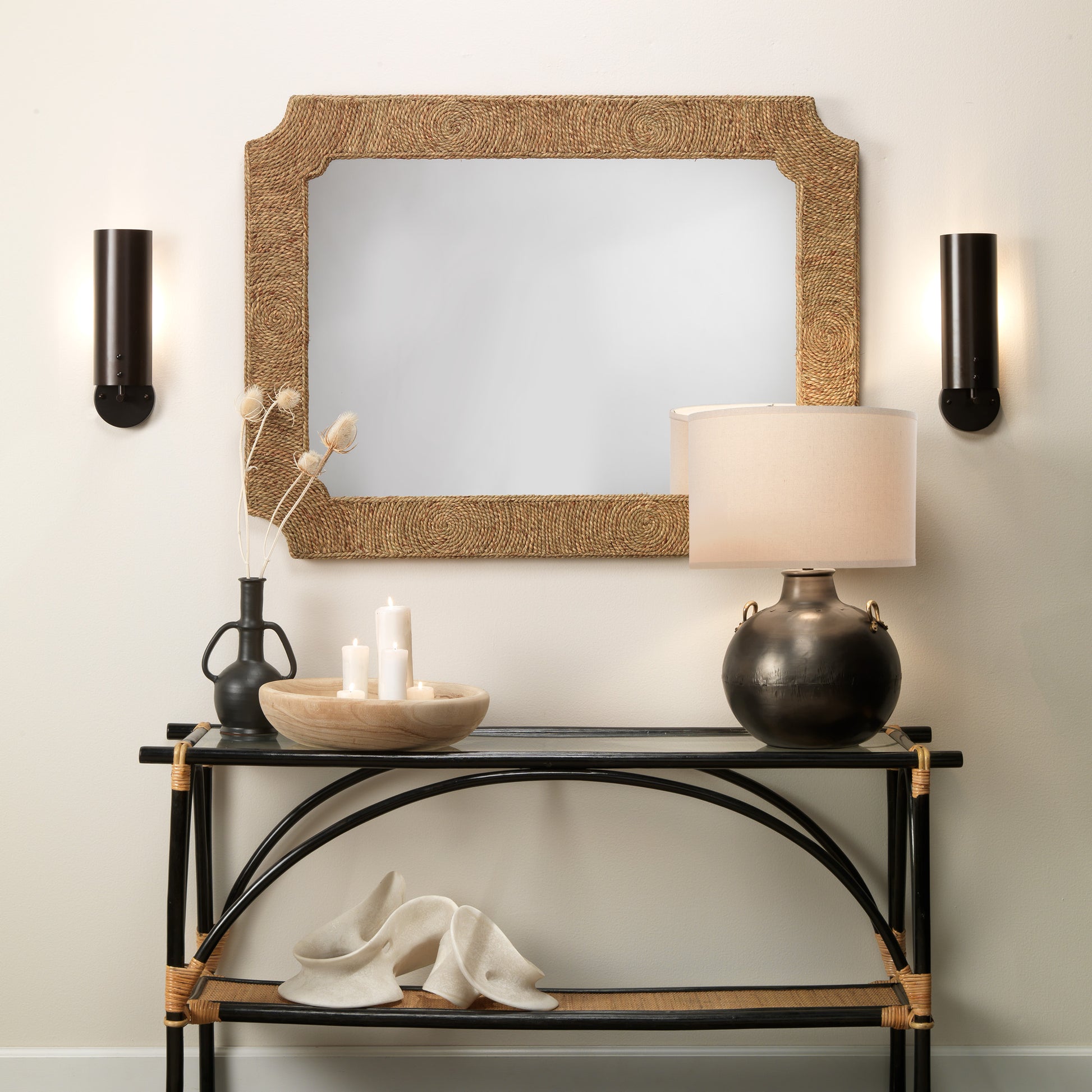 Two Handled Kettle Steel Table Lamp with Burlap Shade by Jamie Young