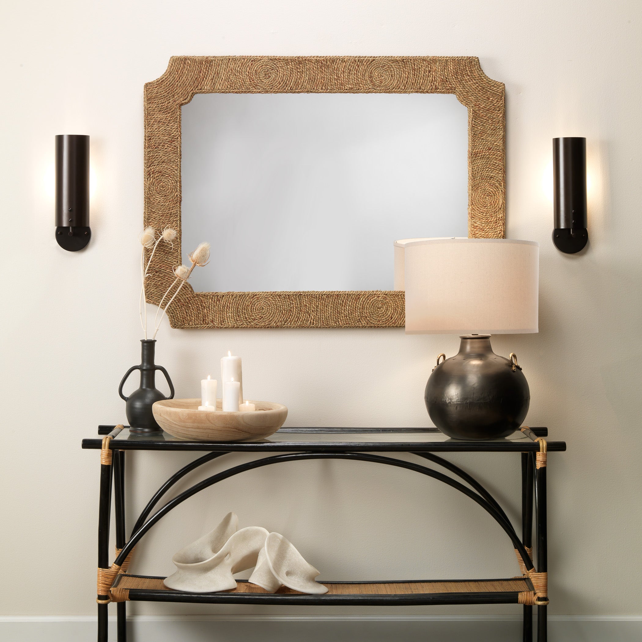 Two Handled Kettle Steel Table Lamp with Burlap Shade by Jamie Young