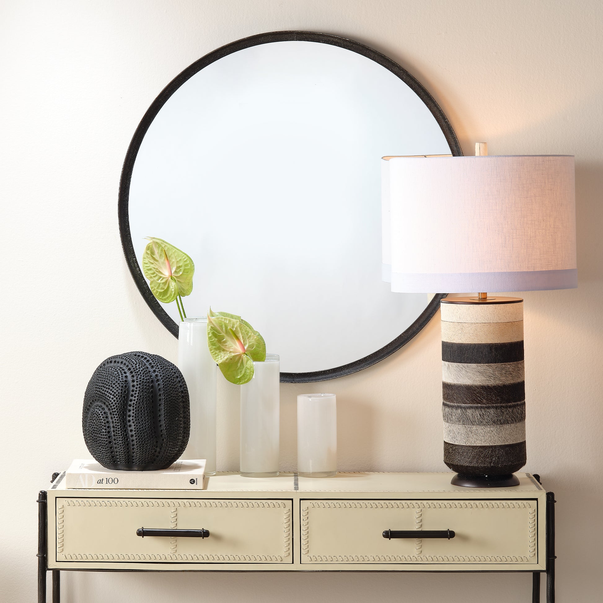 Winslow Hide Table Lamp with Linen Shade, Grey and White by Jamie Young