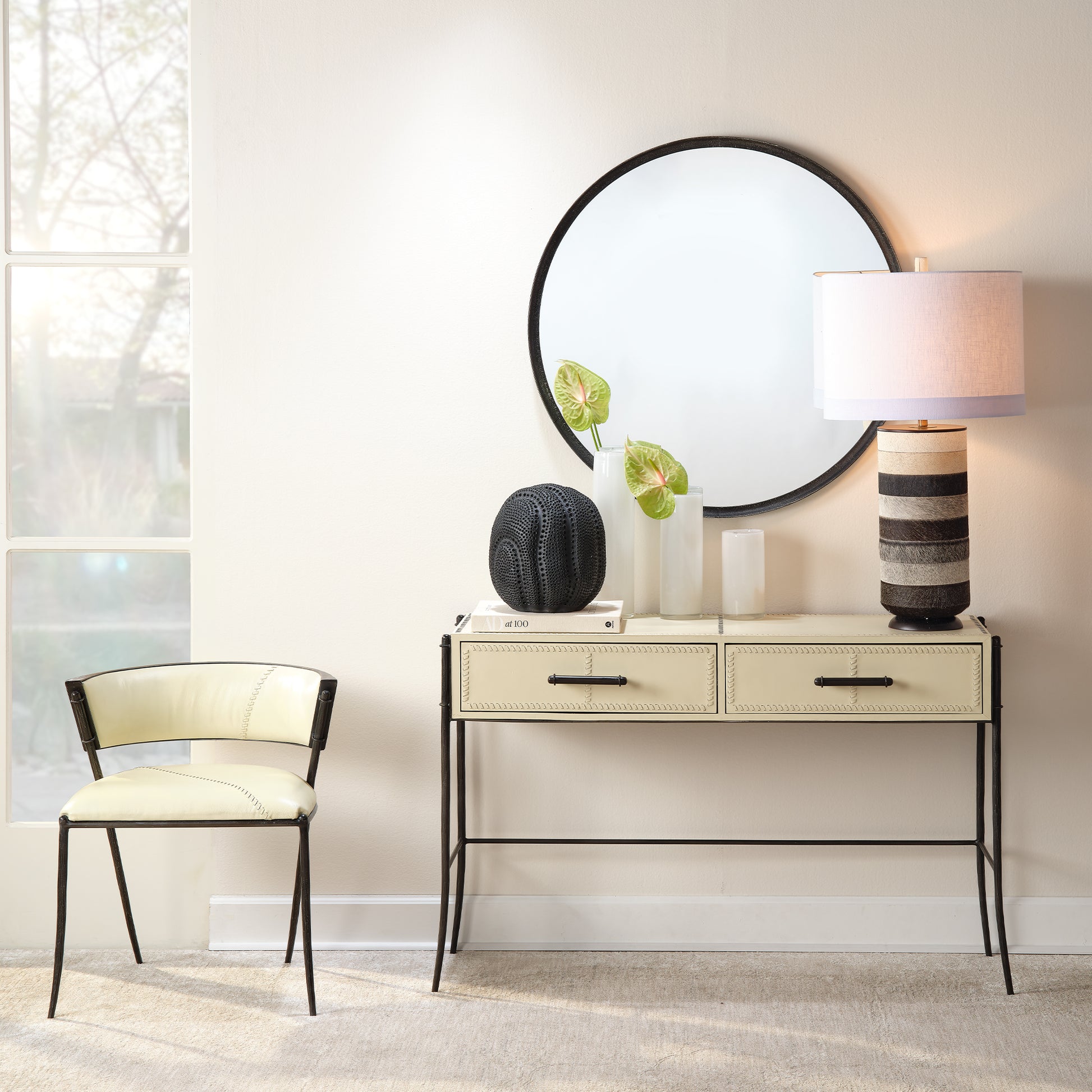 Winslow Hide Table Lamp with Linen Shade, Grey and White by Jamie Young