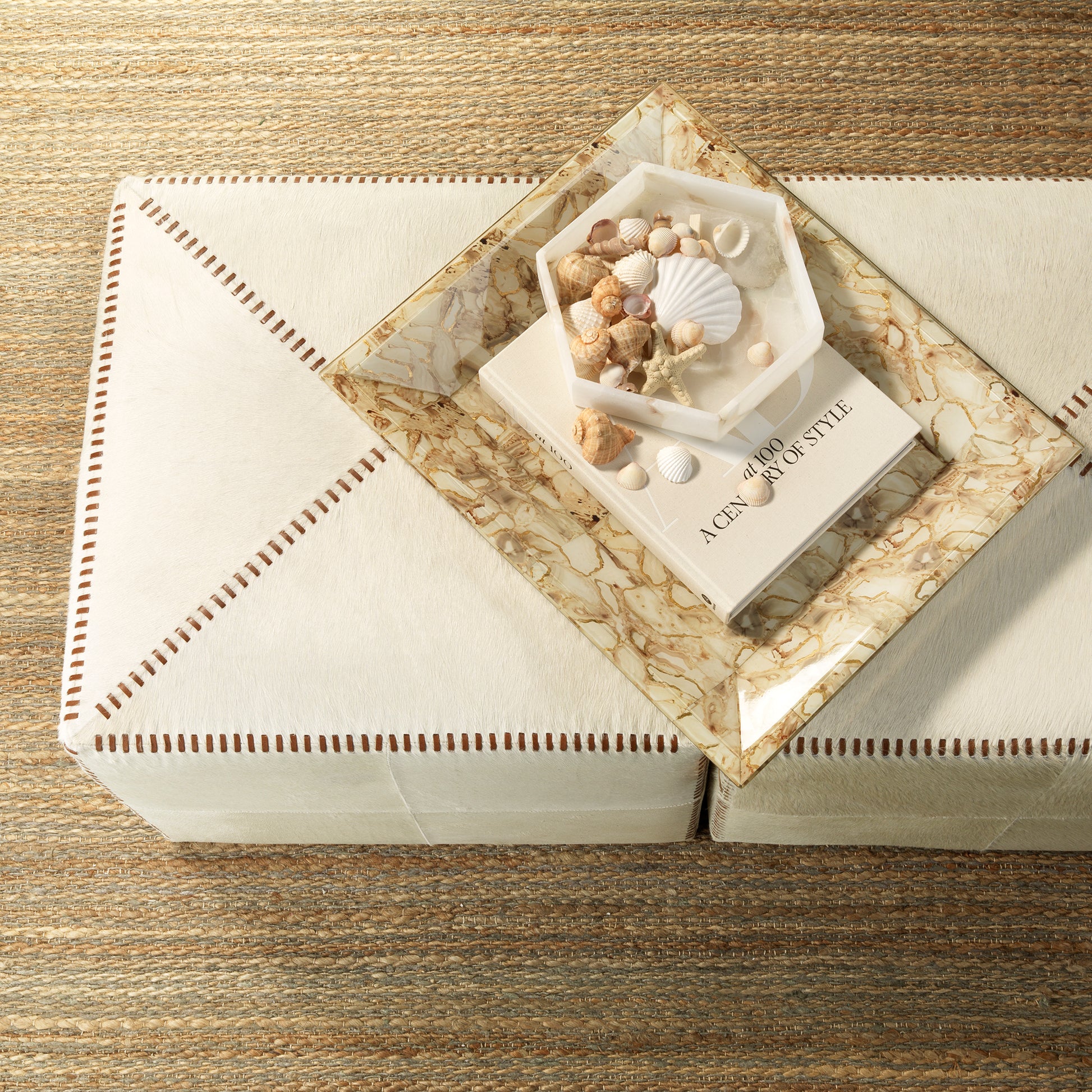 White Hair on Hide Ottoman by Jamie Young