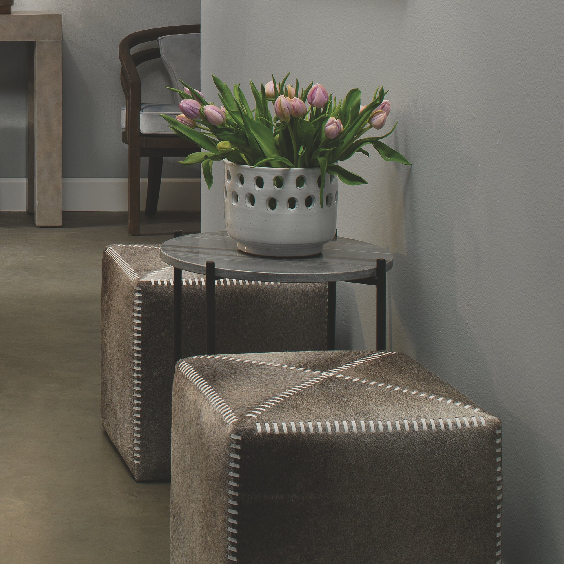 Grey Hair on Hide Ottoman by Jamie Young