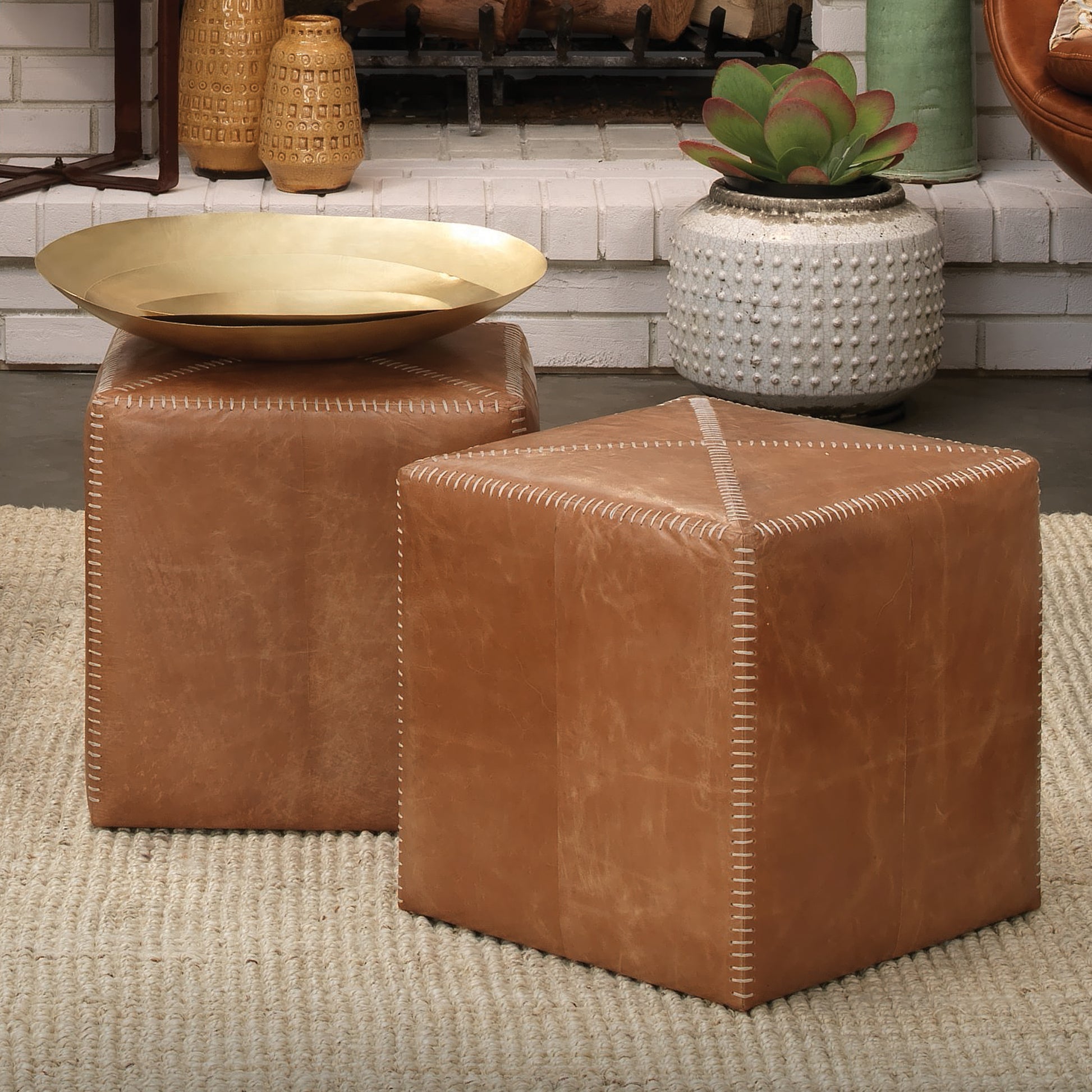 Buff Leather Ottoman by Jamie Young