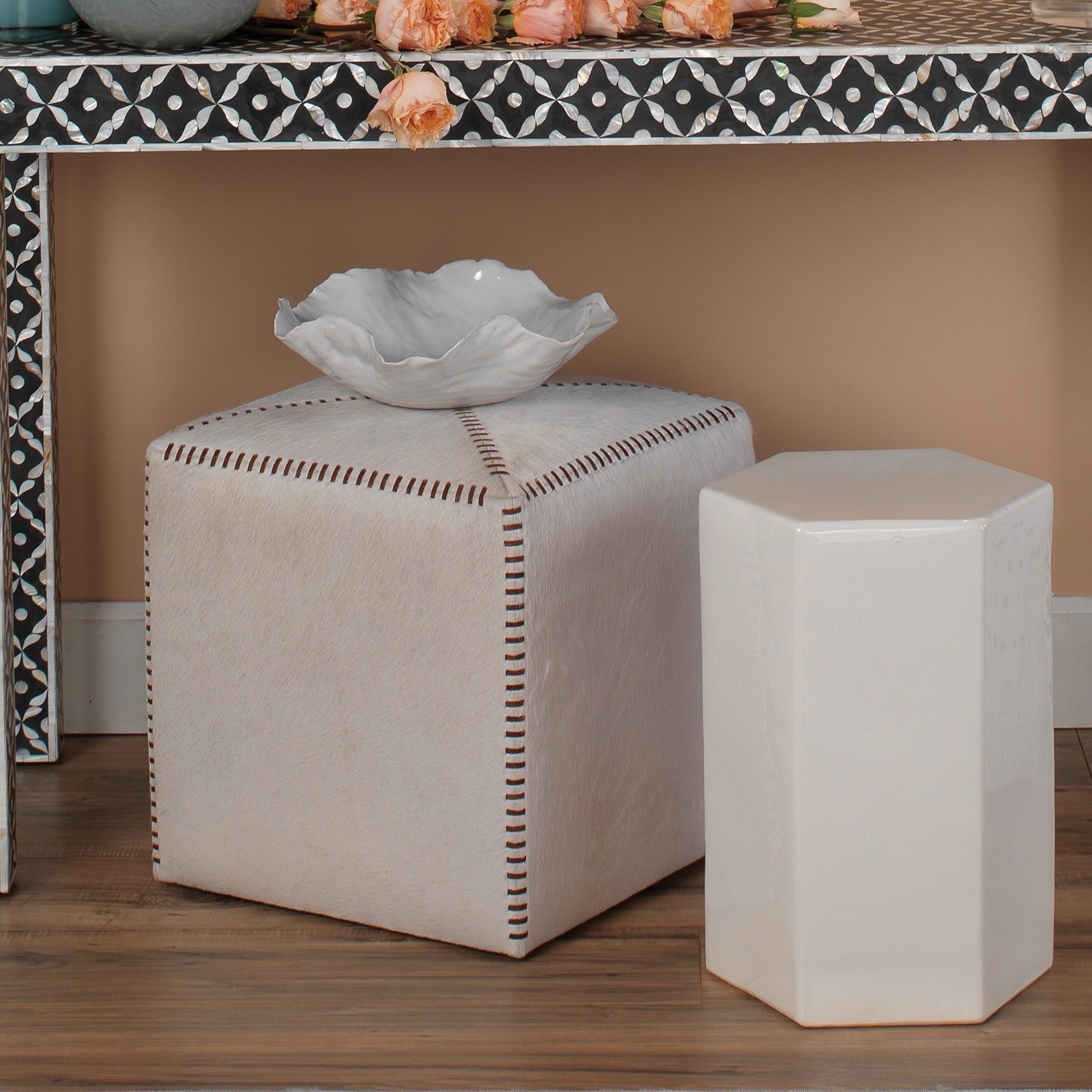 White Hair on Hide Ottoman by Jamie Young