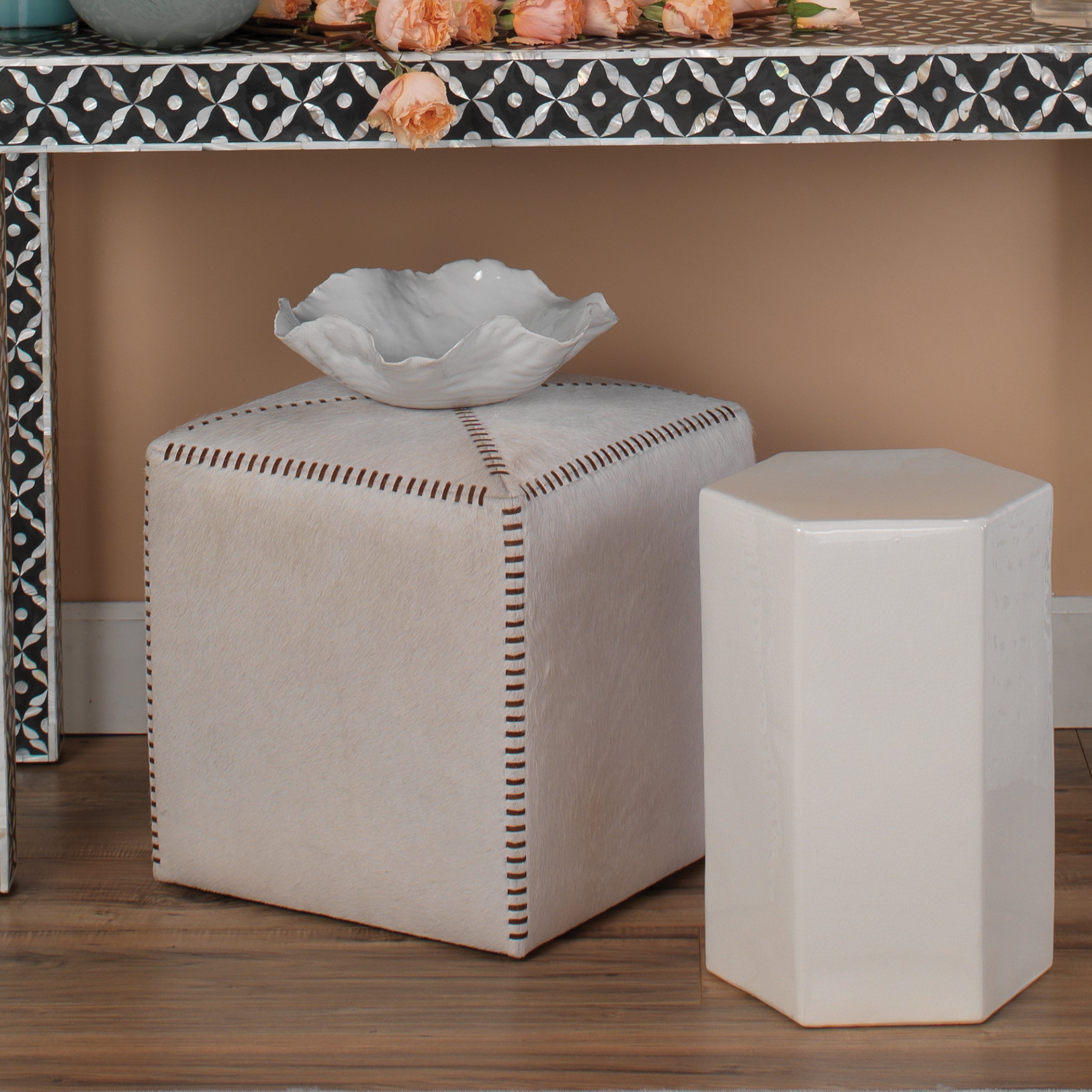 White Hair on Hide Ottoman by Jamie Young