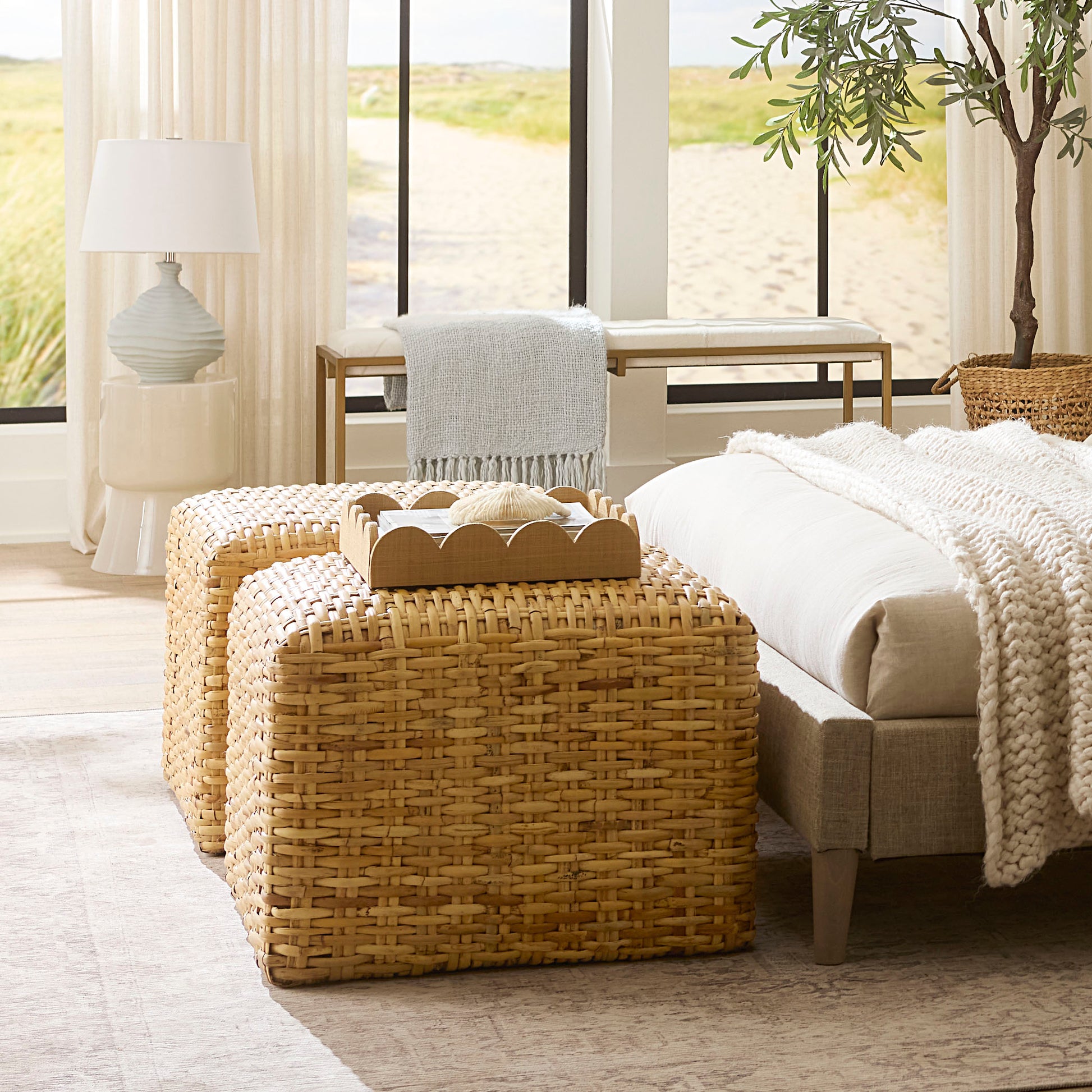 Hand-woven Natural Rattan Large Ottoman by Jamie Young
