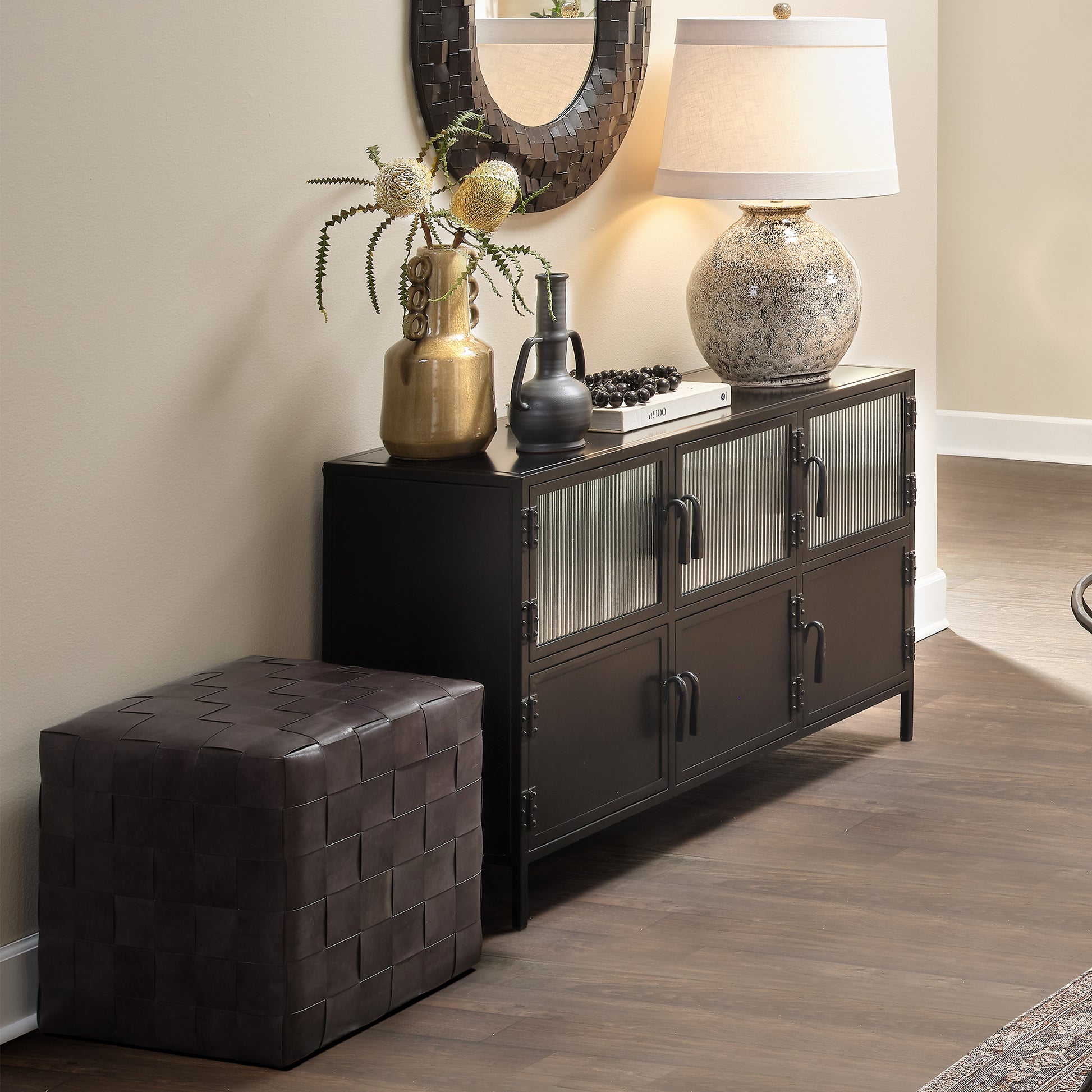Woven Leather Ottoman by Jamie Young