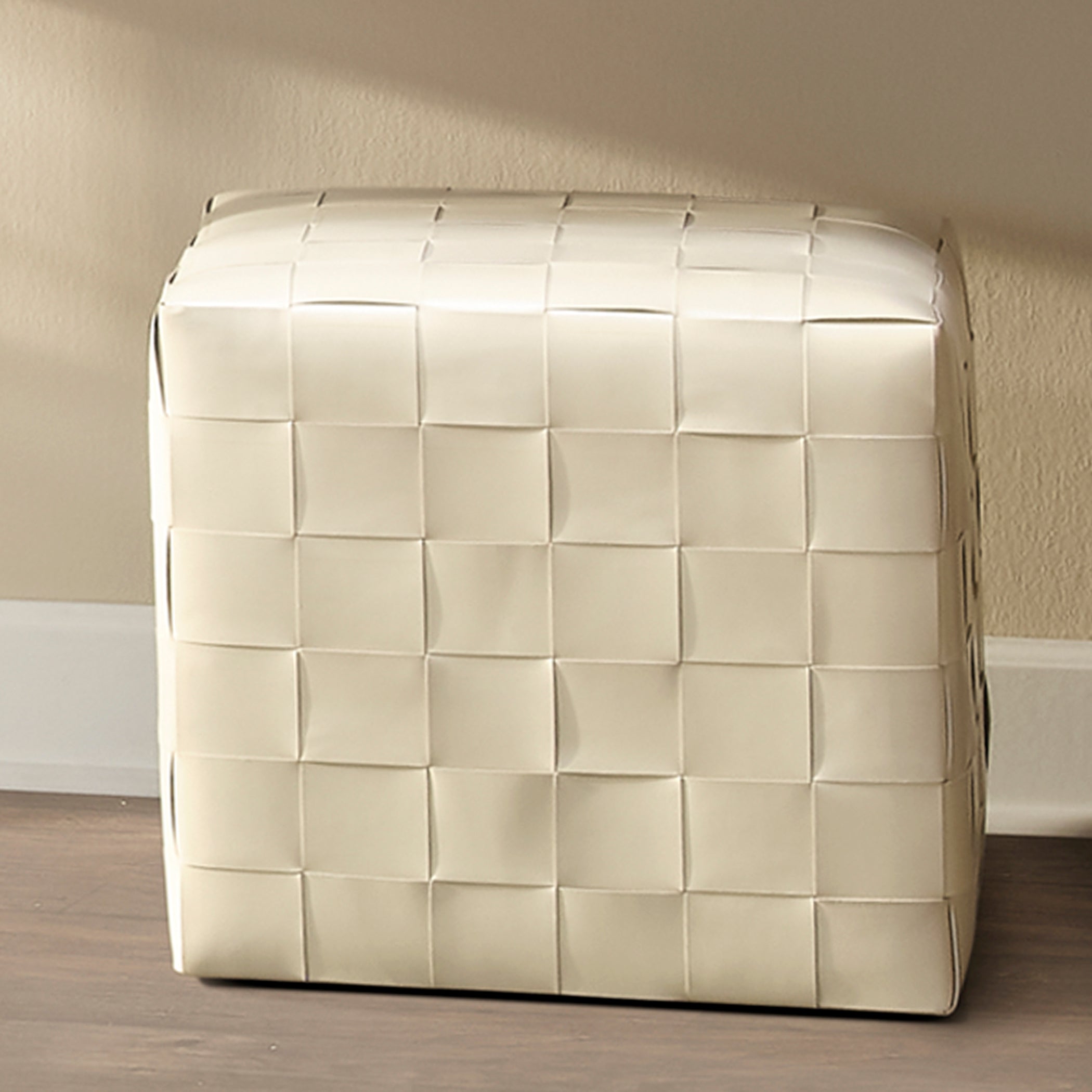 Woven Leather Ottoman Cream by Jamie Young