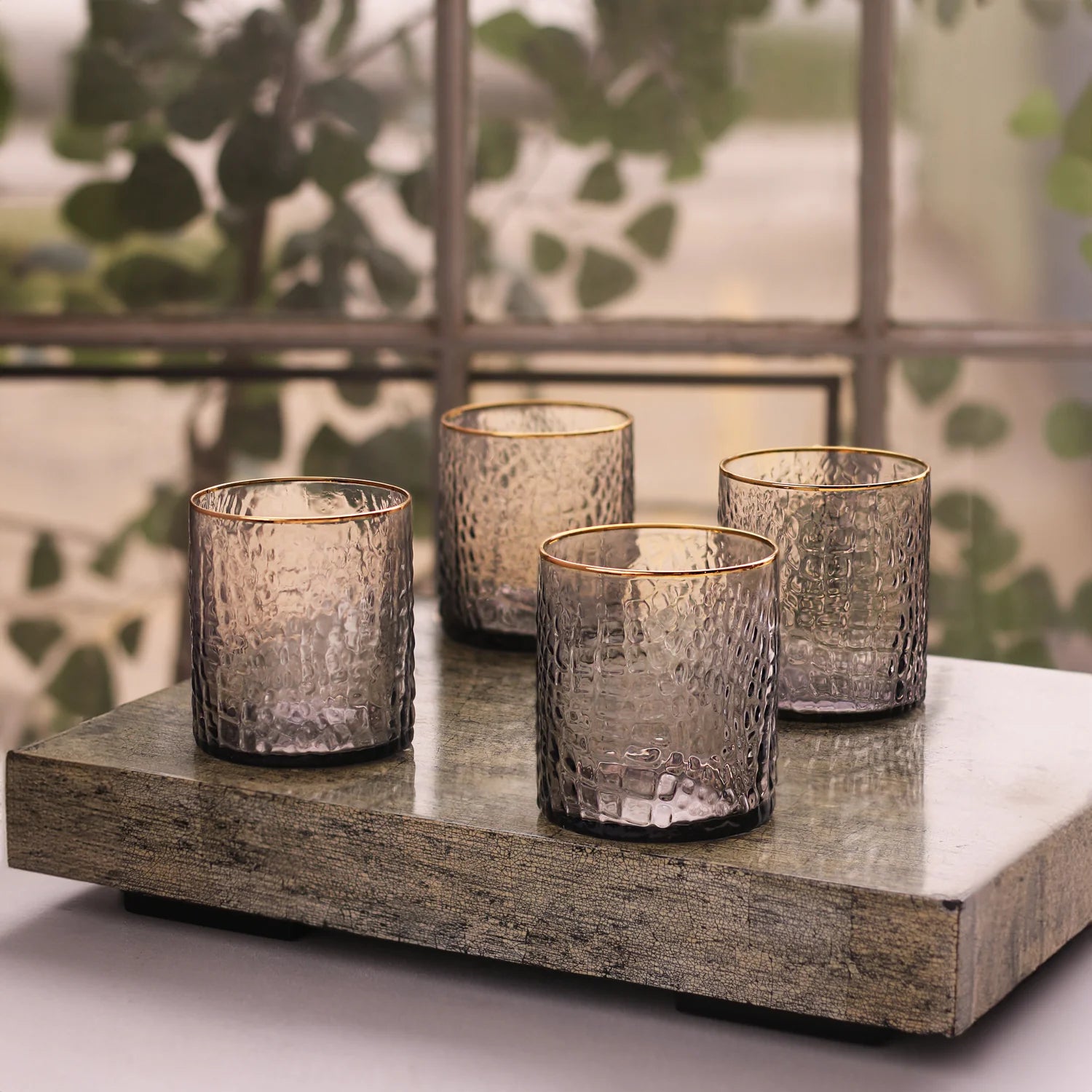 GLASS Croc Double Old Fashioned with Gold Rim – Smoke Grey by Beatriz Ball