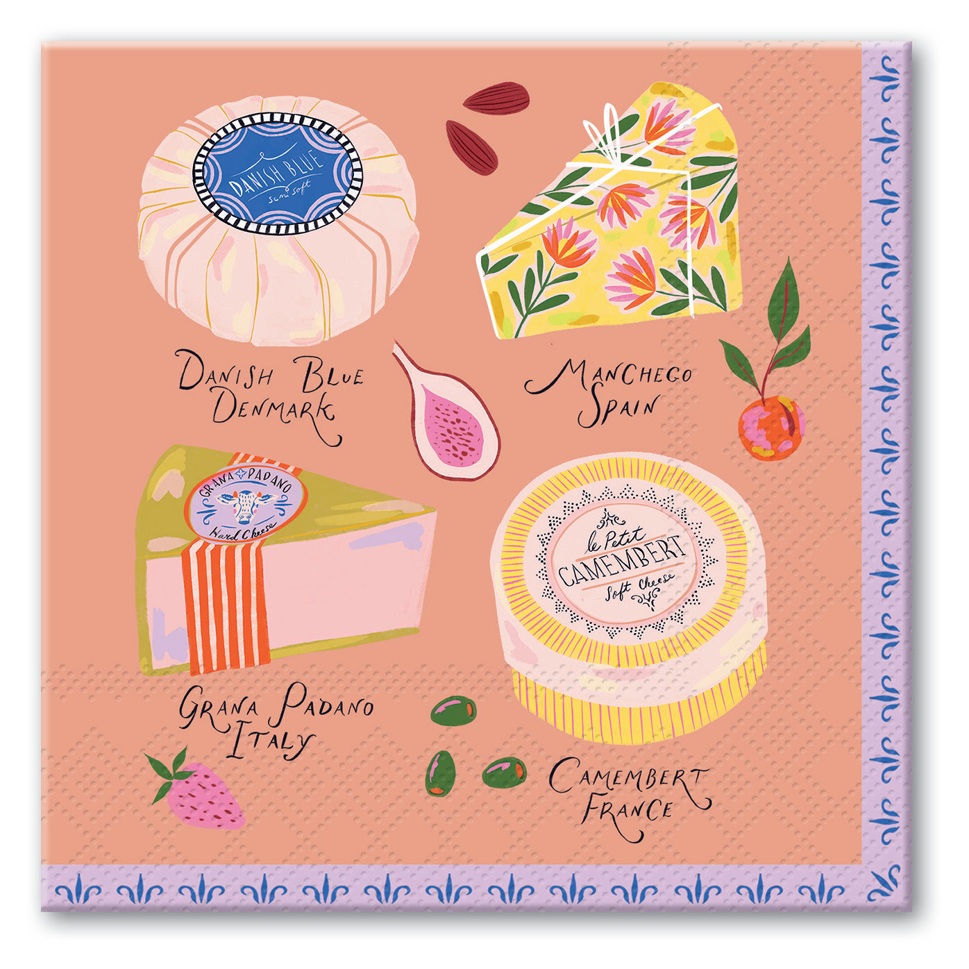 Sip & Savor Cheese Beverage Napkins showing illustration of various types of cheese with labels on a pink background
