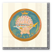 Decorative paper napkin with a colorful caviar container design on a white background.
