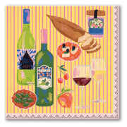 Colorful paper cocktail napkins with illustrations of wine bottles, bread, and food items on a striped background