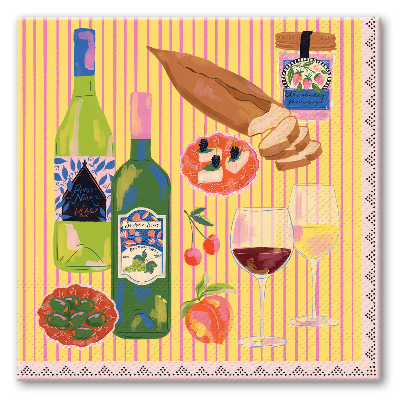 Colorful paper cocktail napkins with illustrations of wine bottles, bread, and food items on a striped background