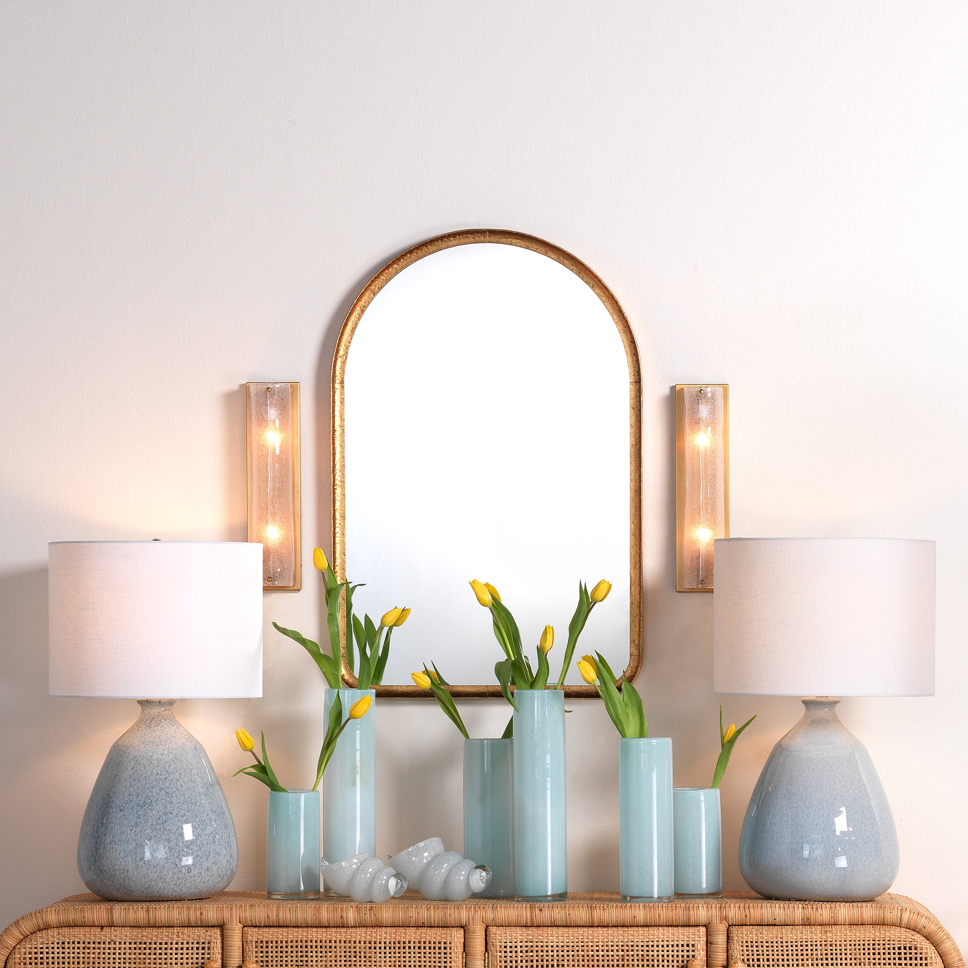 Moet Double Rounded Sconce, Textured Melted Ice Glass and Antique Brass Metal by Jamie Young