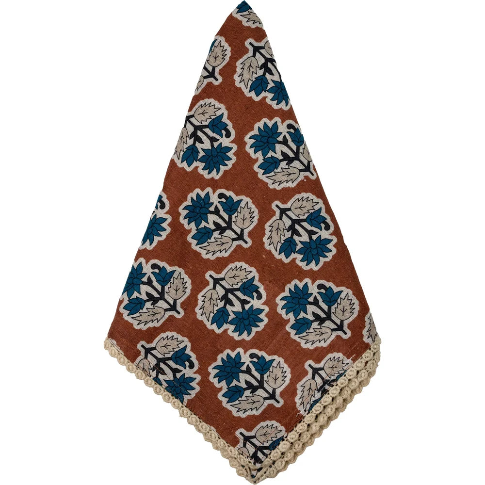 Floral Napkins with Lace Edge, Set of 8 | Abigails Cinnamon Brown with Blue Flowers by Abigails