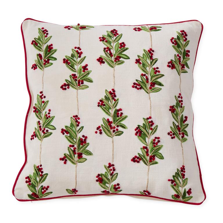 Holly & Berry Pillow 20" – Cream Cotton