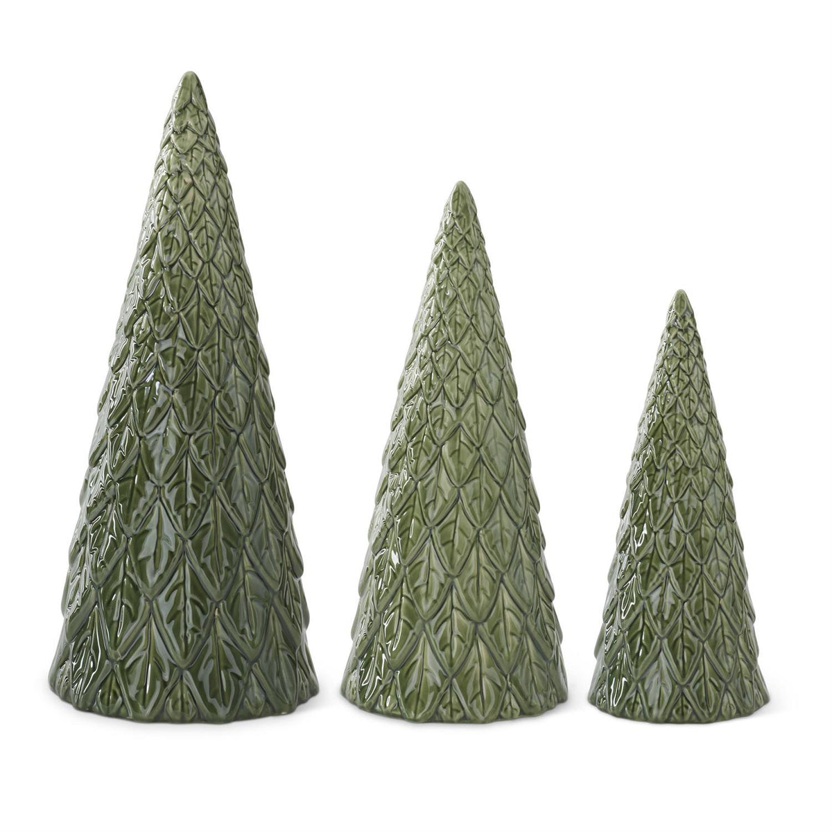 Three small pine tree-shaped decorative figurines in a textured olive green glaze, arranged by size on a plain white background.