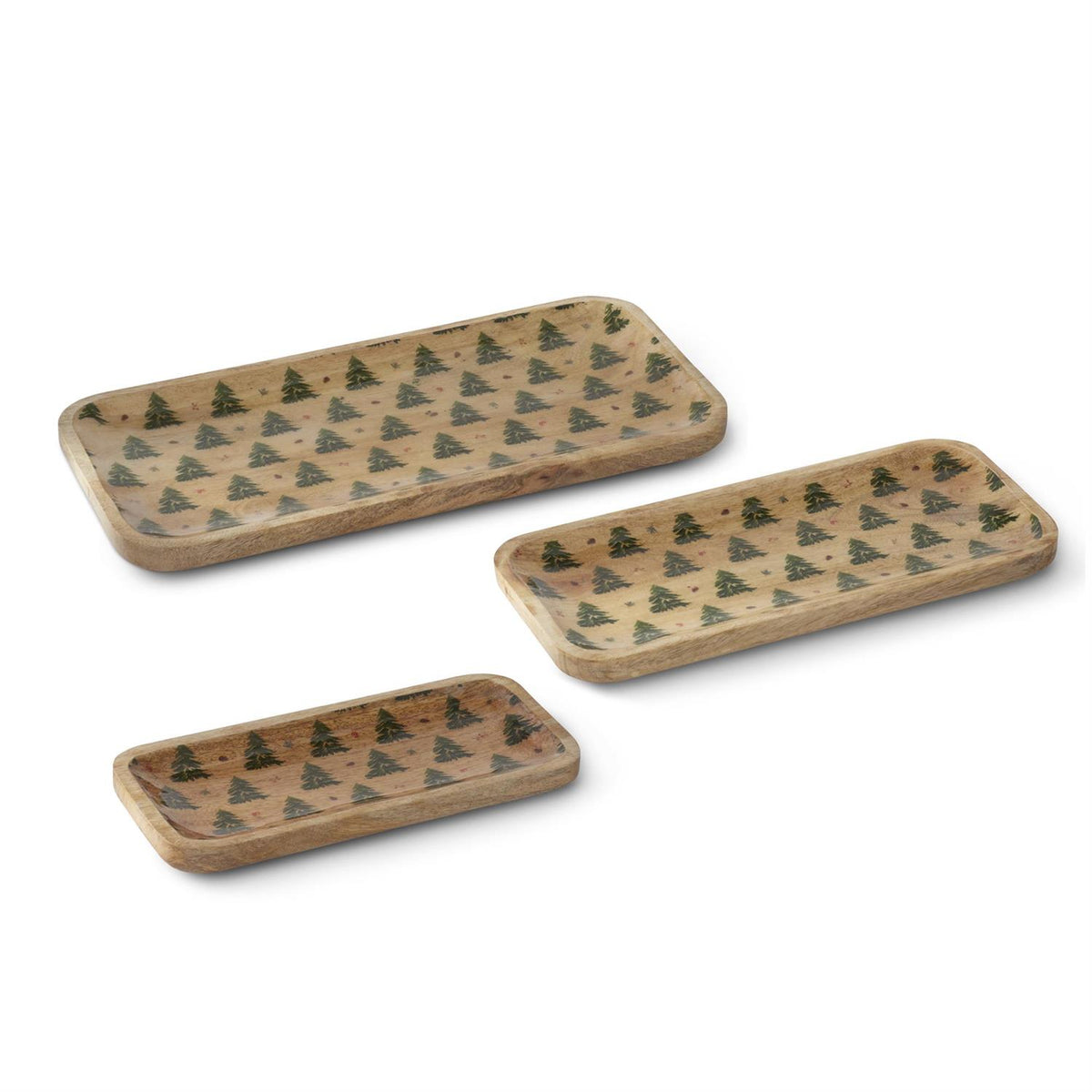 Three rectangular wooden serving trays in different sizes, decorated with a repeating pattern of small green pine trees, shown on a white background.