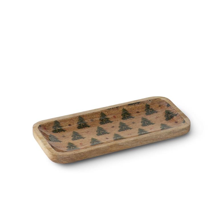A rectangular wooden tray with rounded corners, featuring a hand-painted pattern of dark green pine trees along the inner surface, shown on a plain white background.