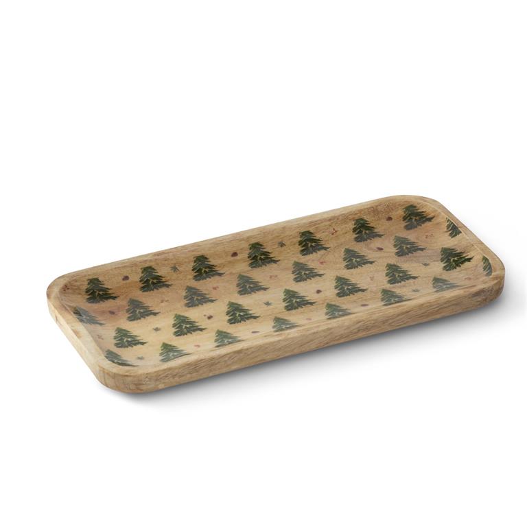 Small wooden tray with green evergreen motif. 