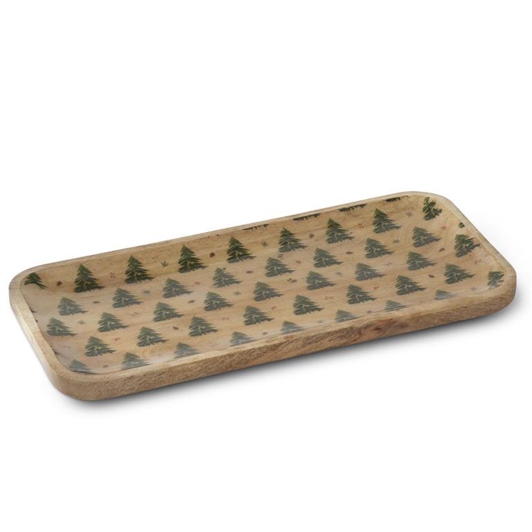 A rectangular wooden serving tray with rounded corners, decorated with a repeating pattern of small pine trees in dark green and brown on a light natural wood background.