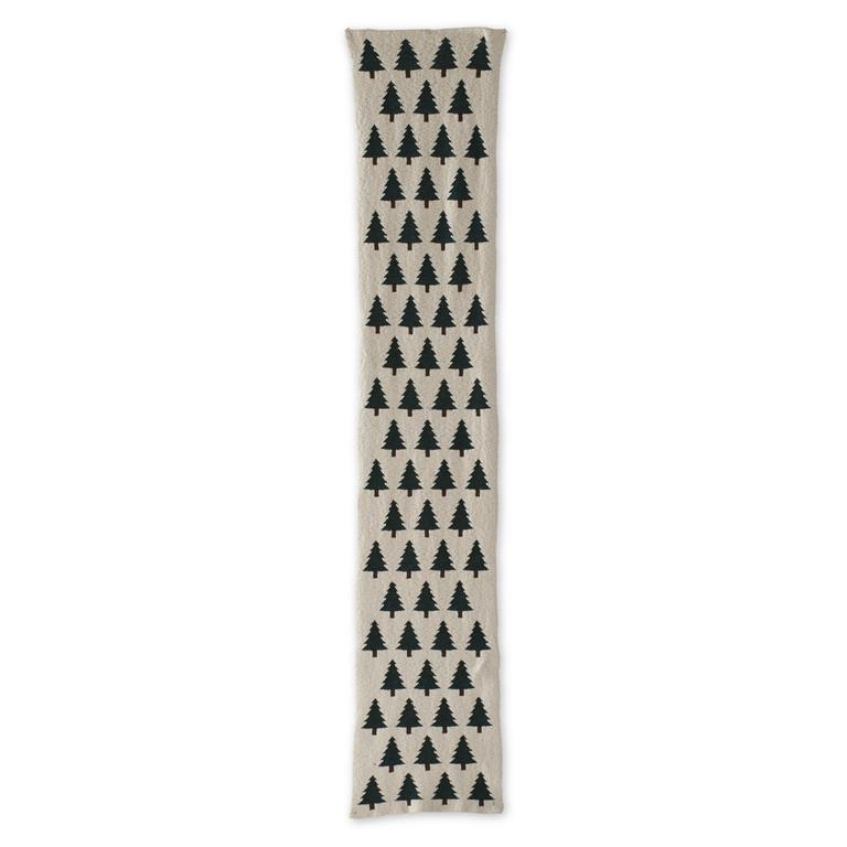 A long, narrow table runner featuring a vertical pattern of small dark green pine trees, shown flat against a white background.