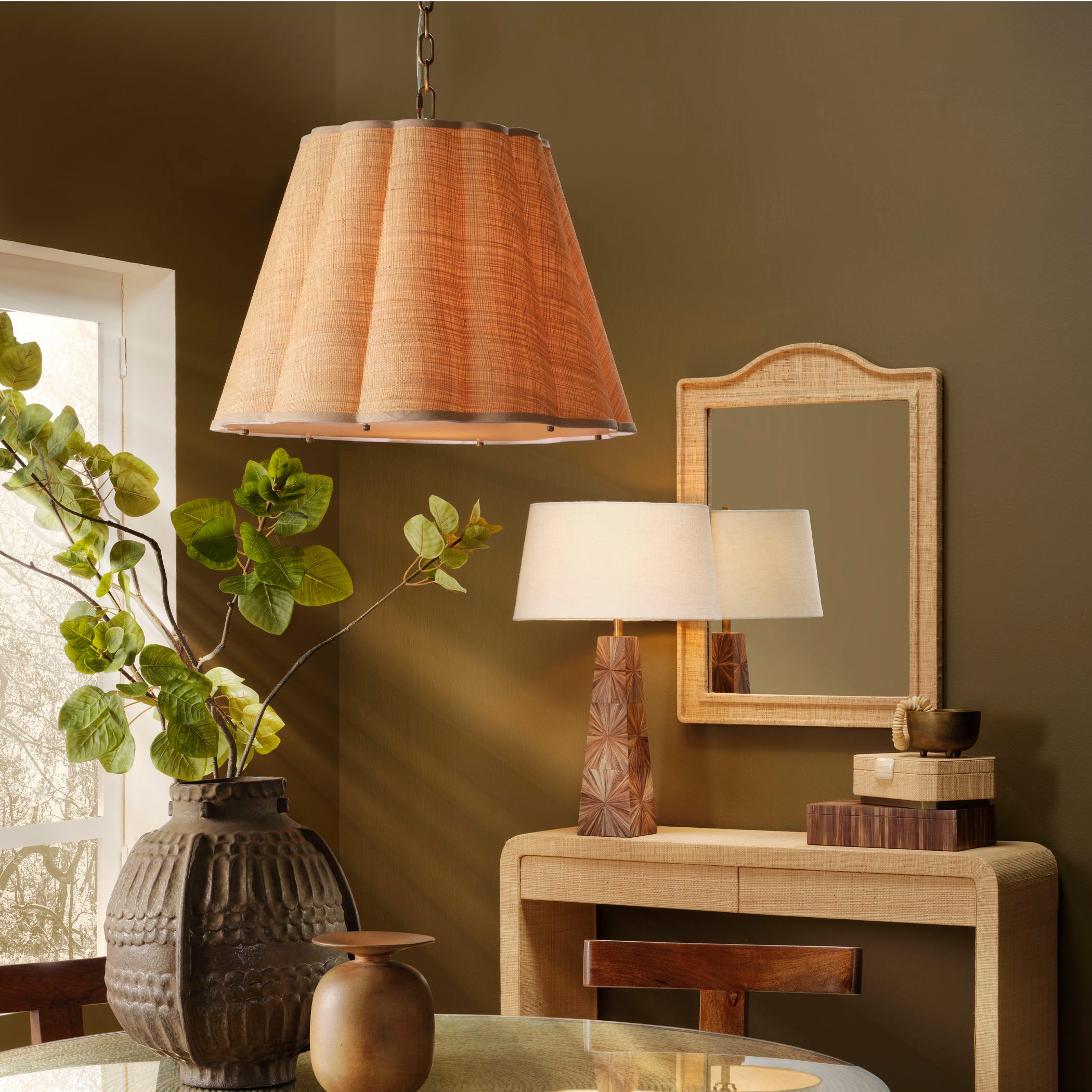 Scalloped 1-Light Pendant, Raffia by Jamie Young