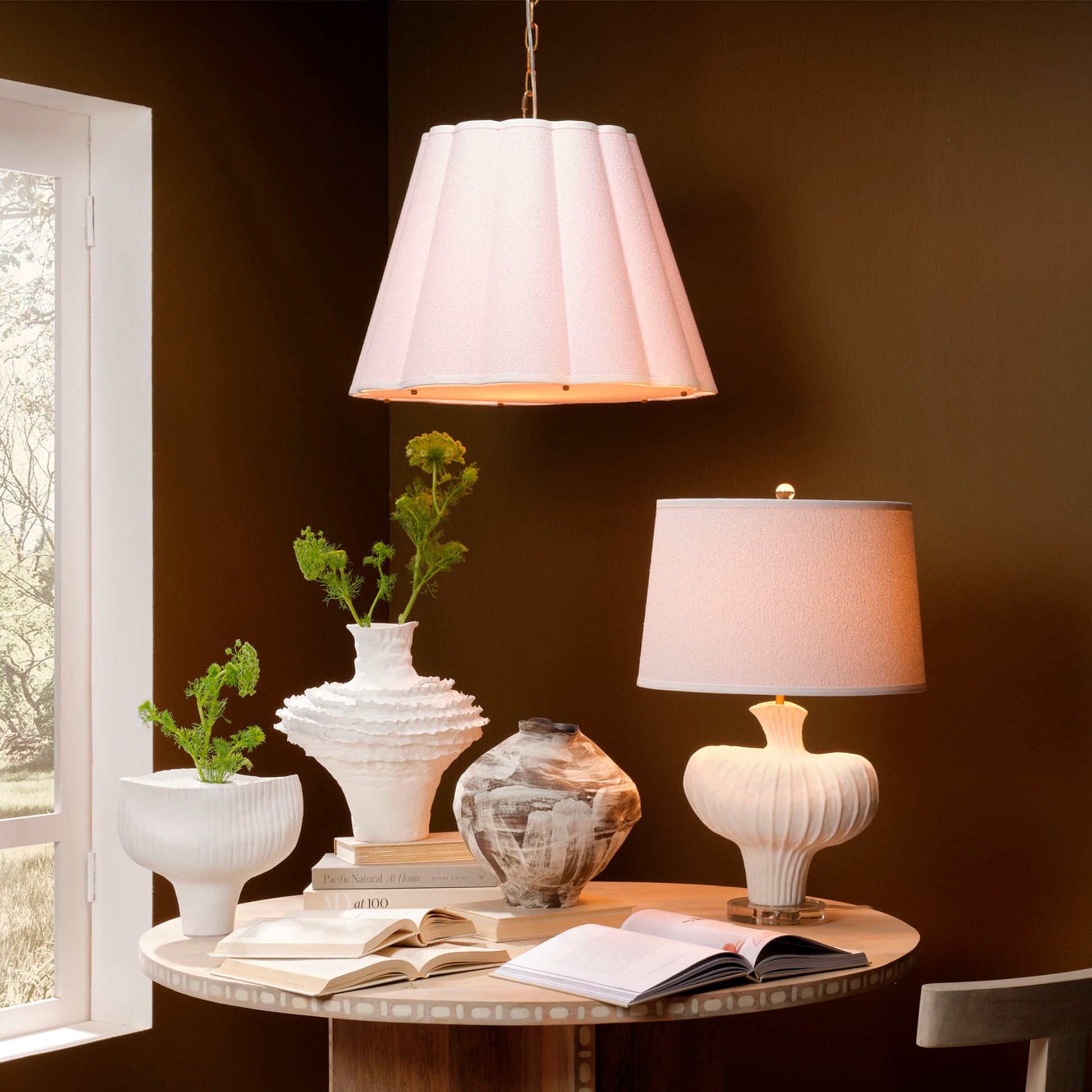 Scalloped 1-Light Pendant, Boucle Linen by Jamie Young