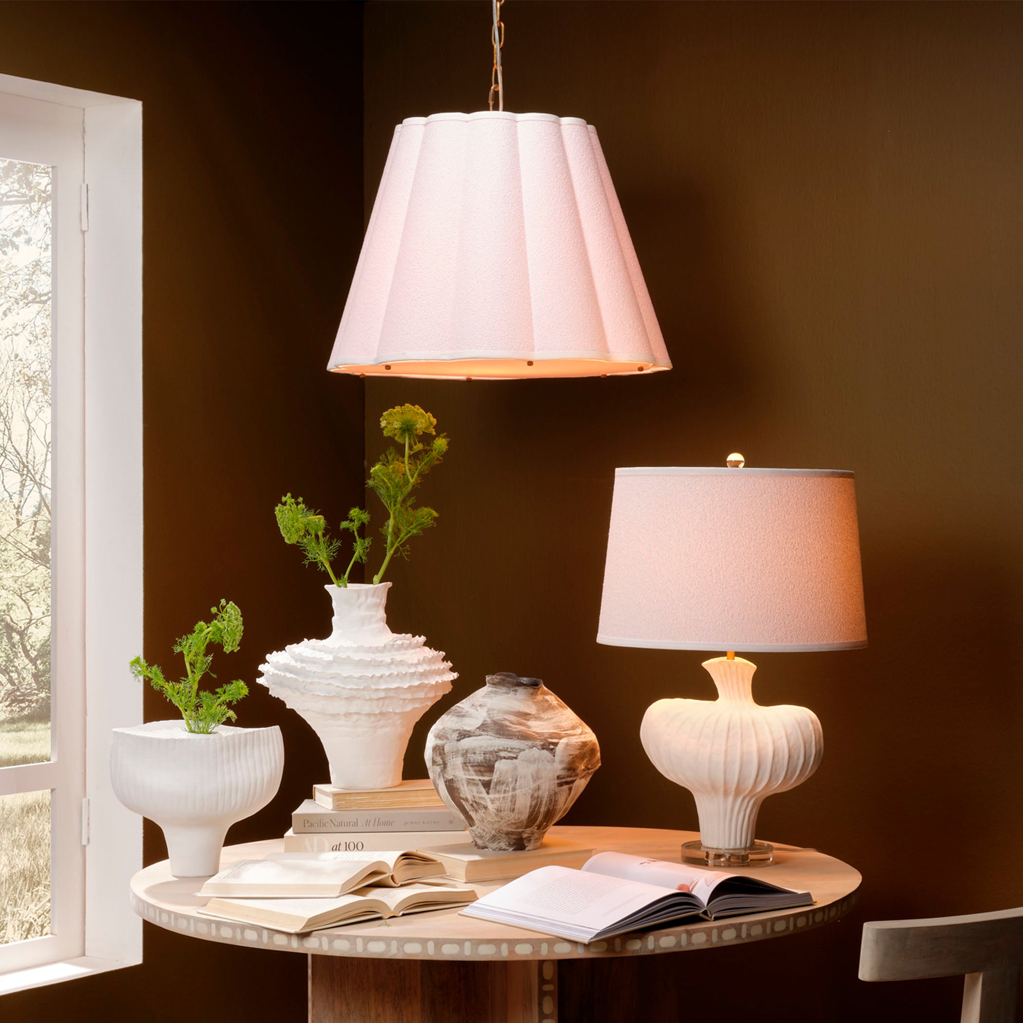 Scalloped 1-Light Pendant, Boucle Linen by Jamie Young