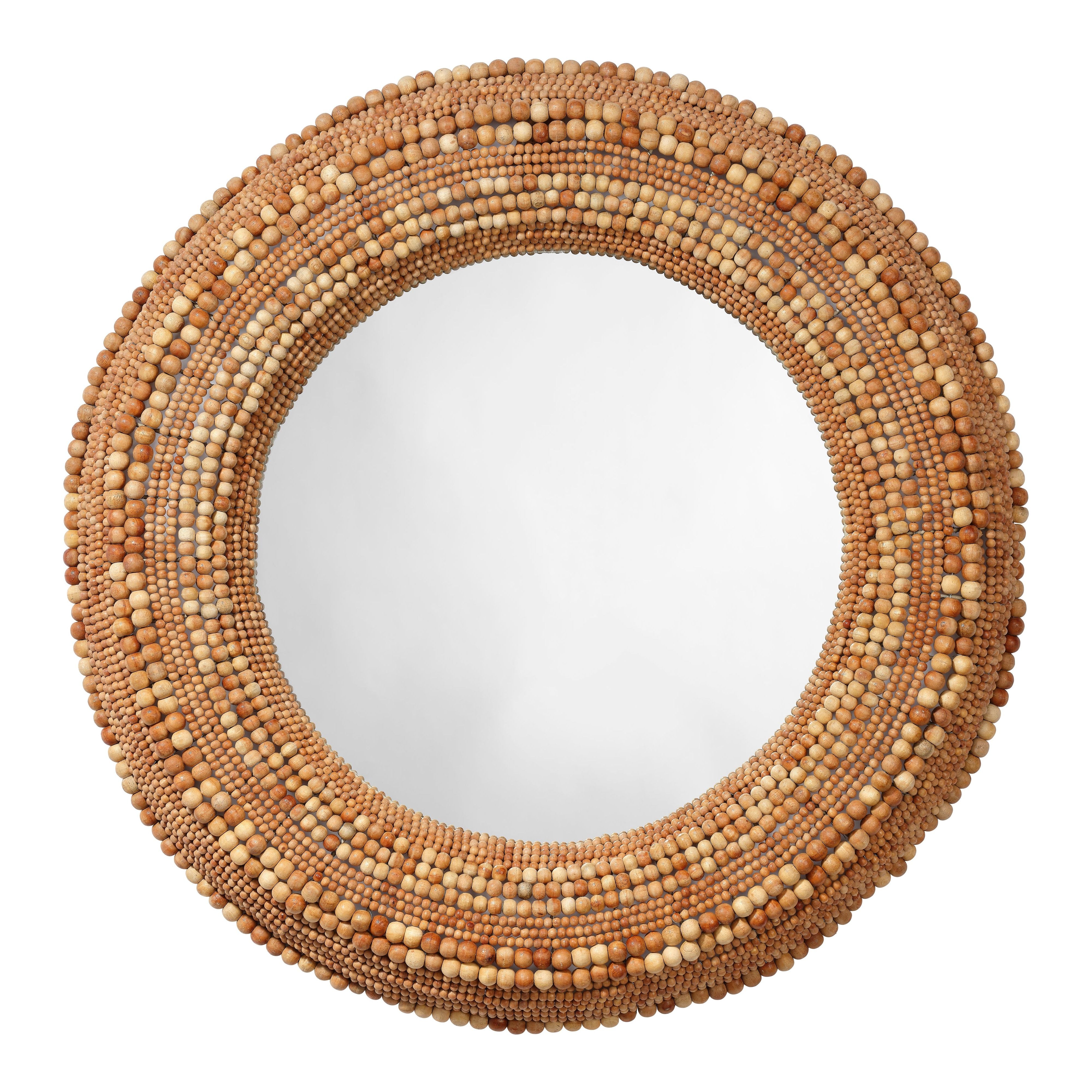 Strand Wood Beaded Round Wall Mirror Natural by Jamie Young