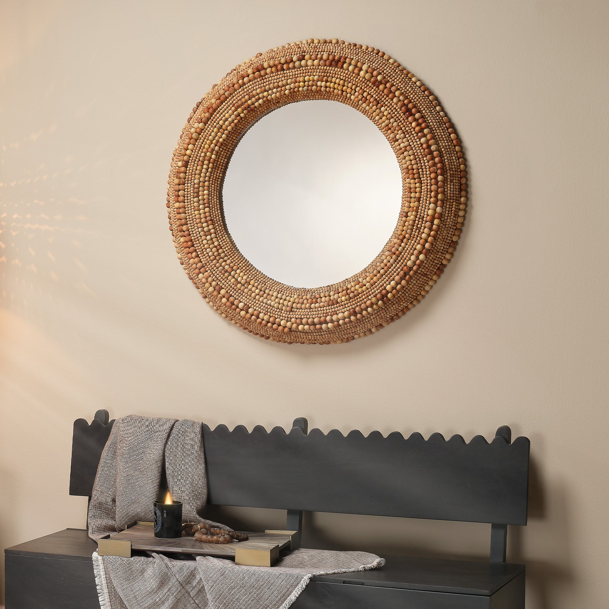 Strand Wood Beaded Round Wall Mirror by Jamie Young