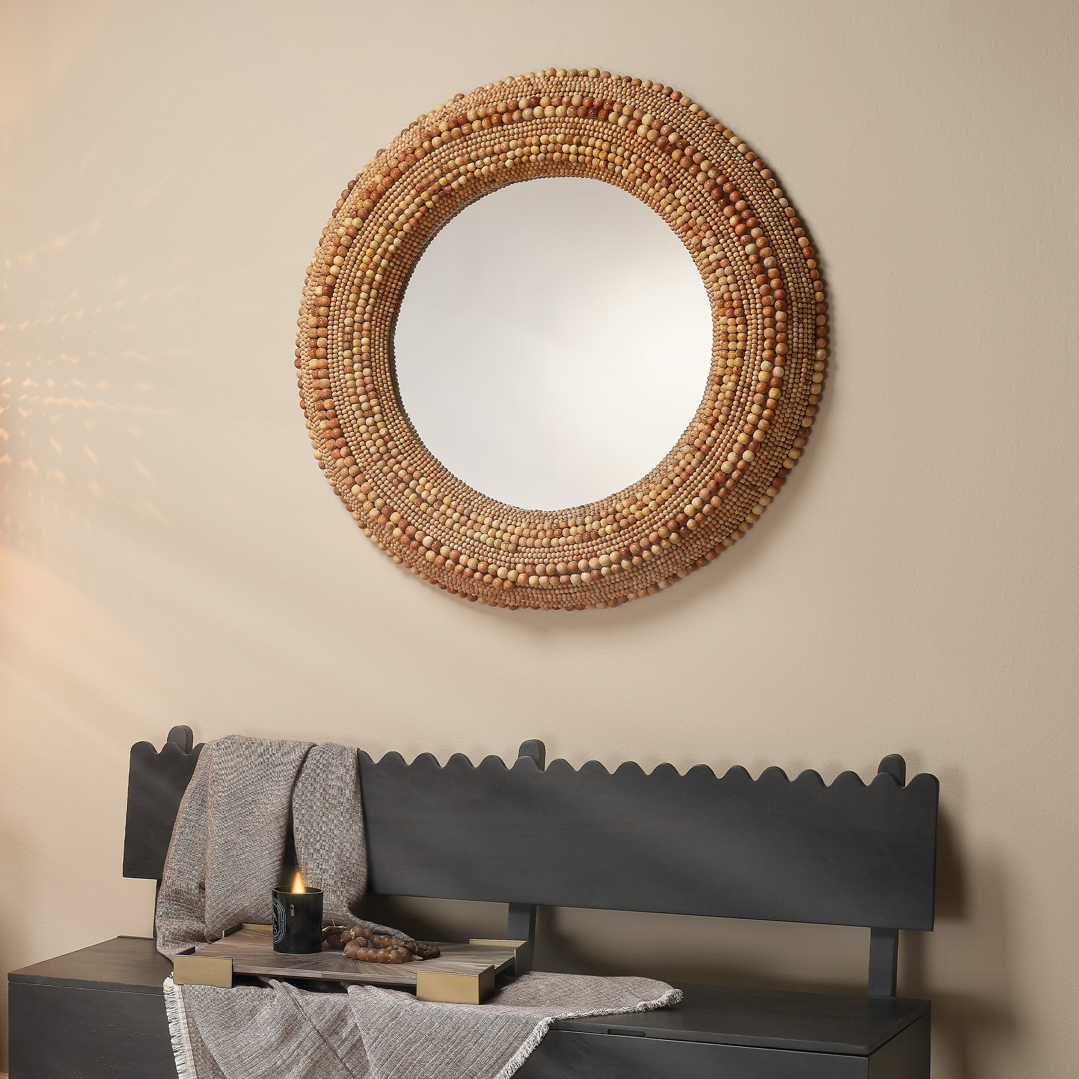 Strand Wood Beaded Round Wall Mirror by Jamie Young