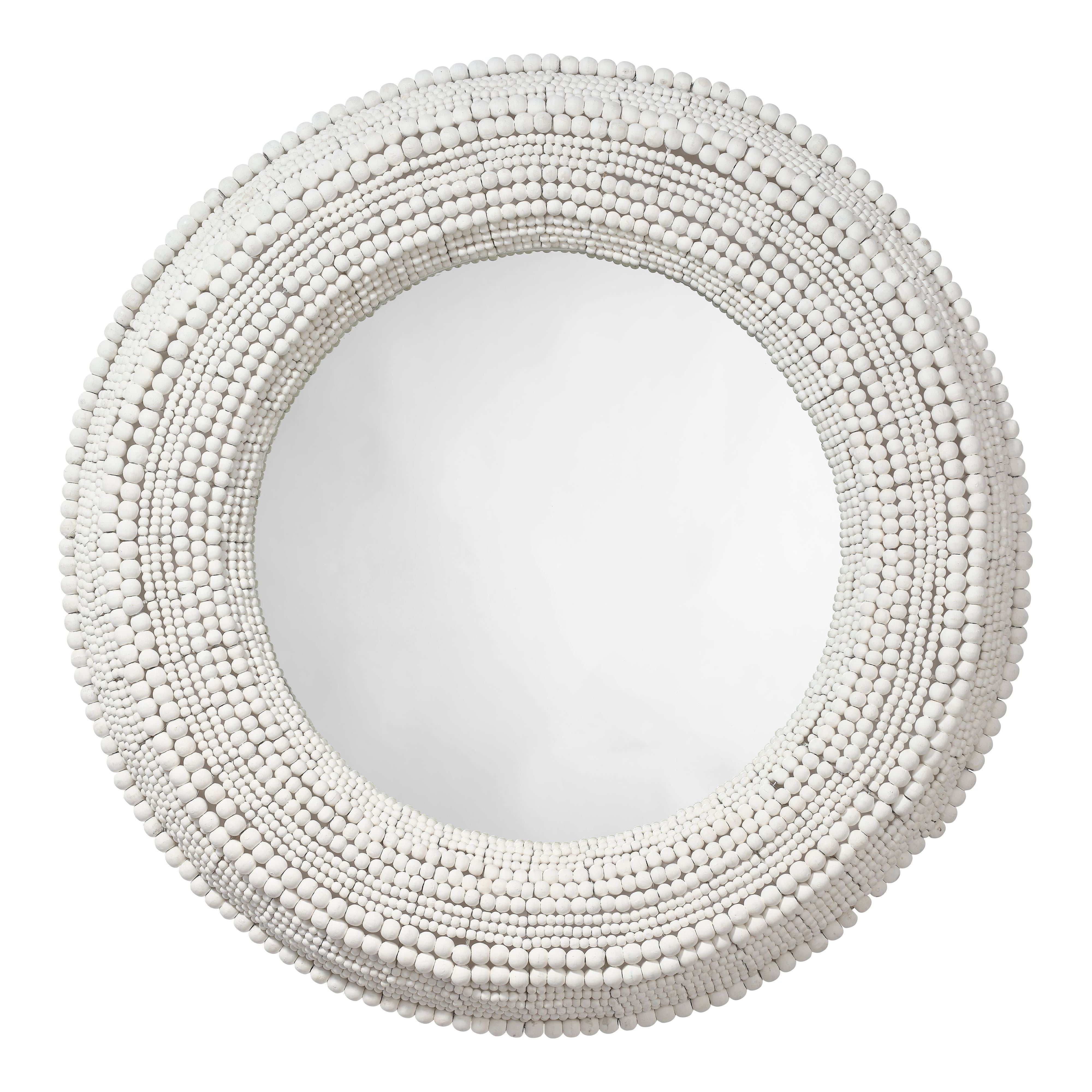 Strand Wood Beaded Round Wall Mirror White by Jamie Young