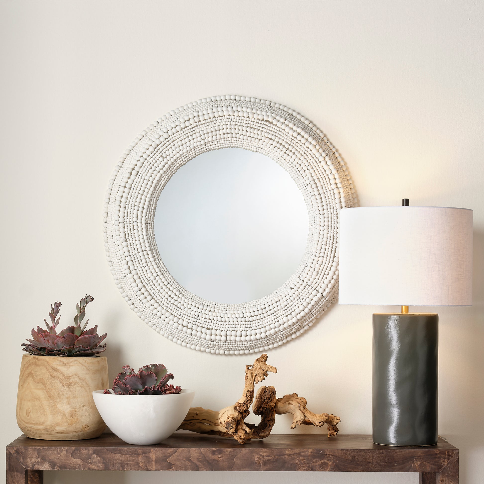 Strand Wood Beaded Round Wall Mirror by Jamie Young