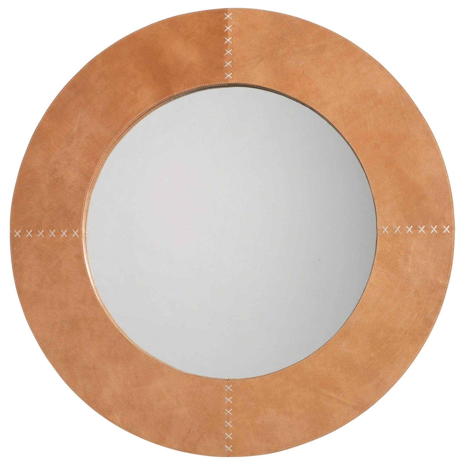 Round Cross Stitch Round Wall Mirror Buff Leather by Jamie Young