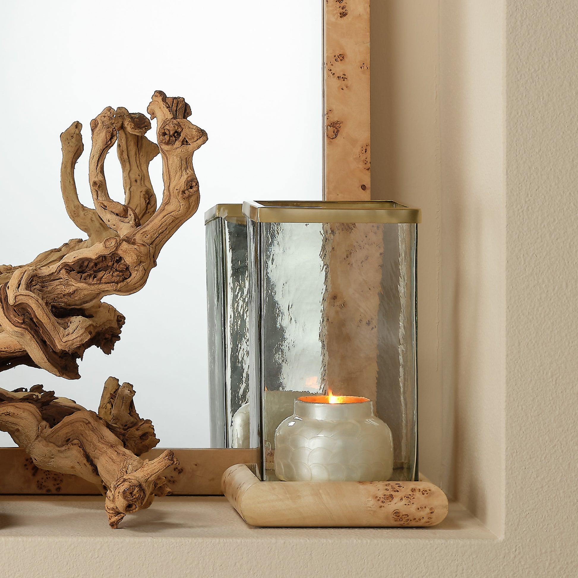 Rhine Burl Wood and Glass Hurricane by Jamie Young