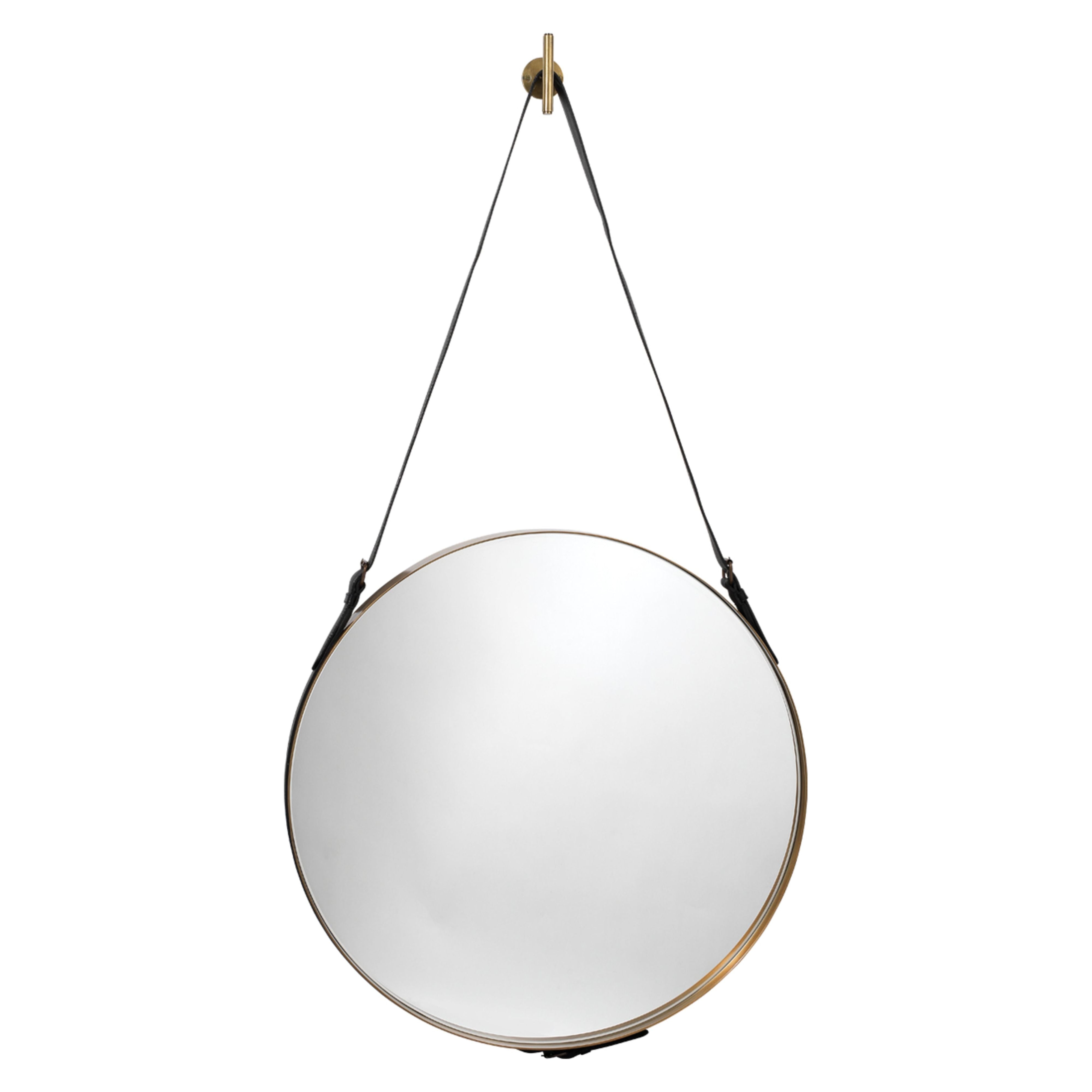 Round Steel Round Wall Mirror Antique Brass and Black Leather Strap by Jamie Young