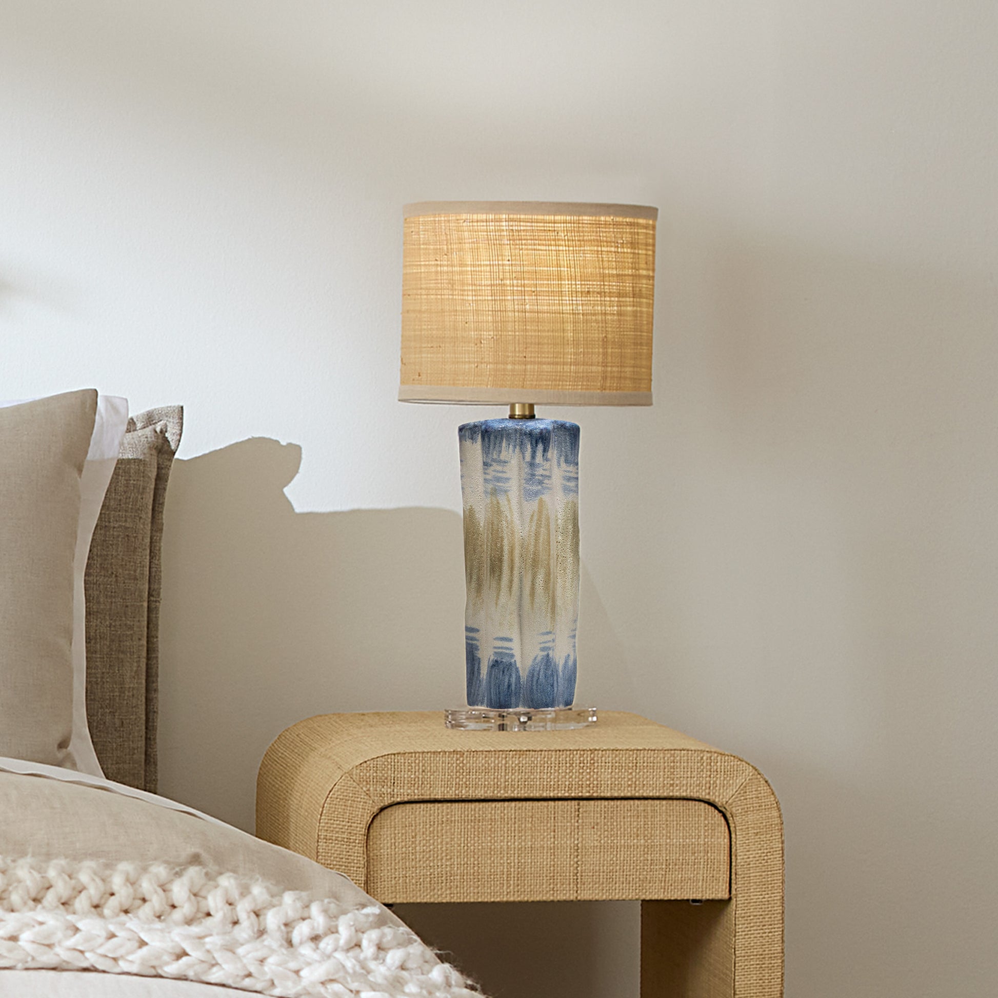Abstract Ceramic Table Lamp with Raffia Shade by Jamie Young