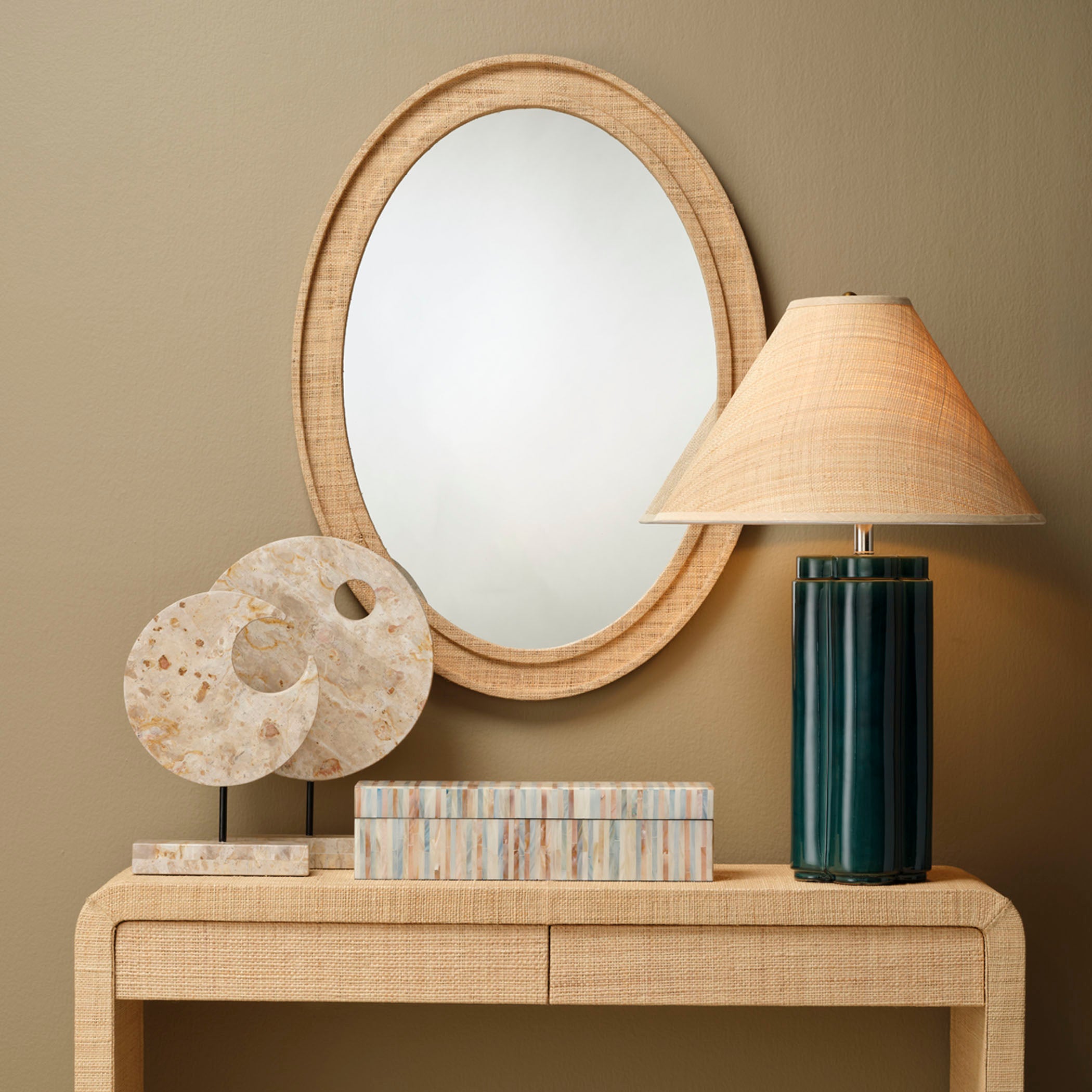 Allister Ceramic Table Lamp with Raffia Shade by Jamie Young