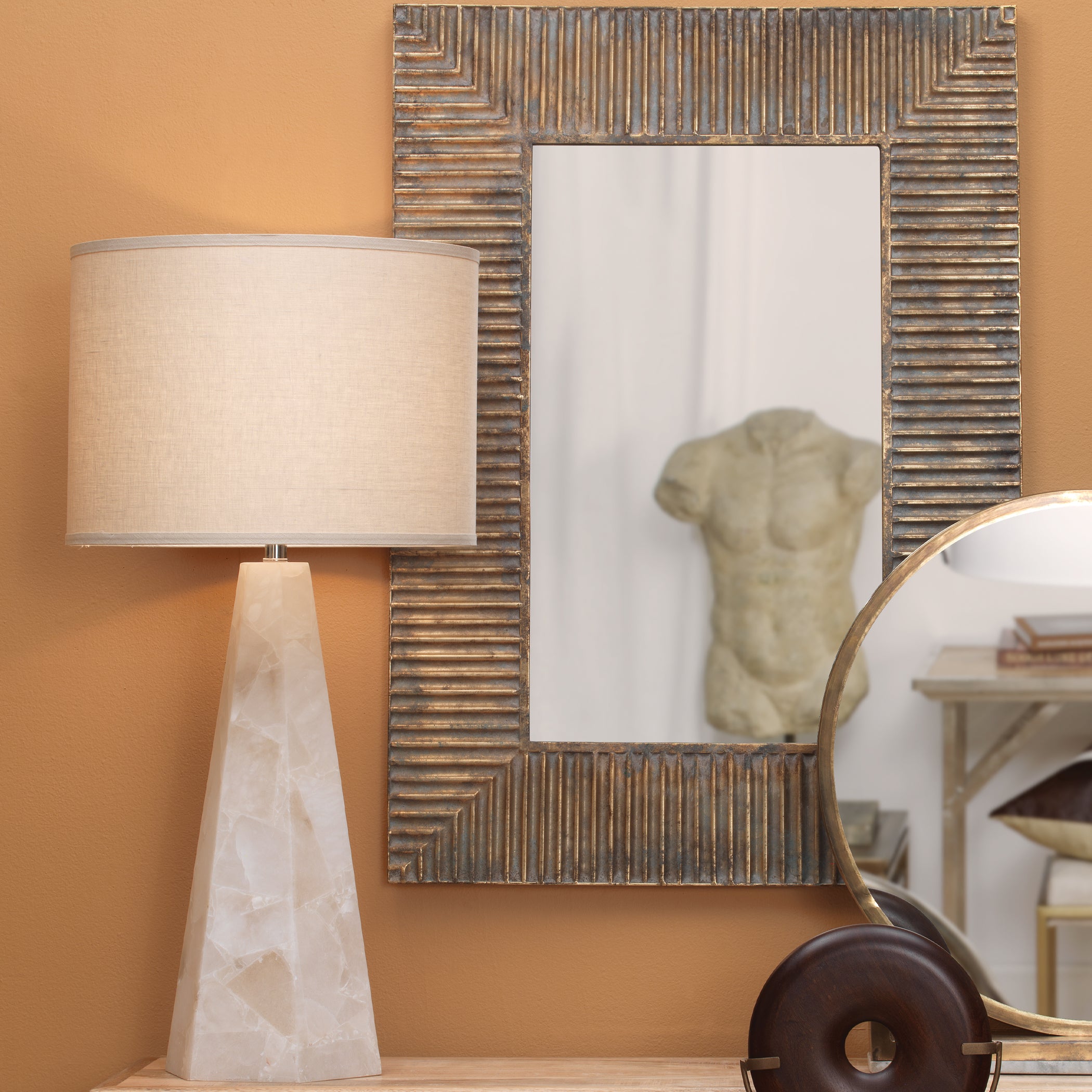 Borealix Alabaster Hexagon Table Lamp with Linen Shade by Jamie Young