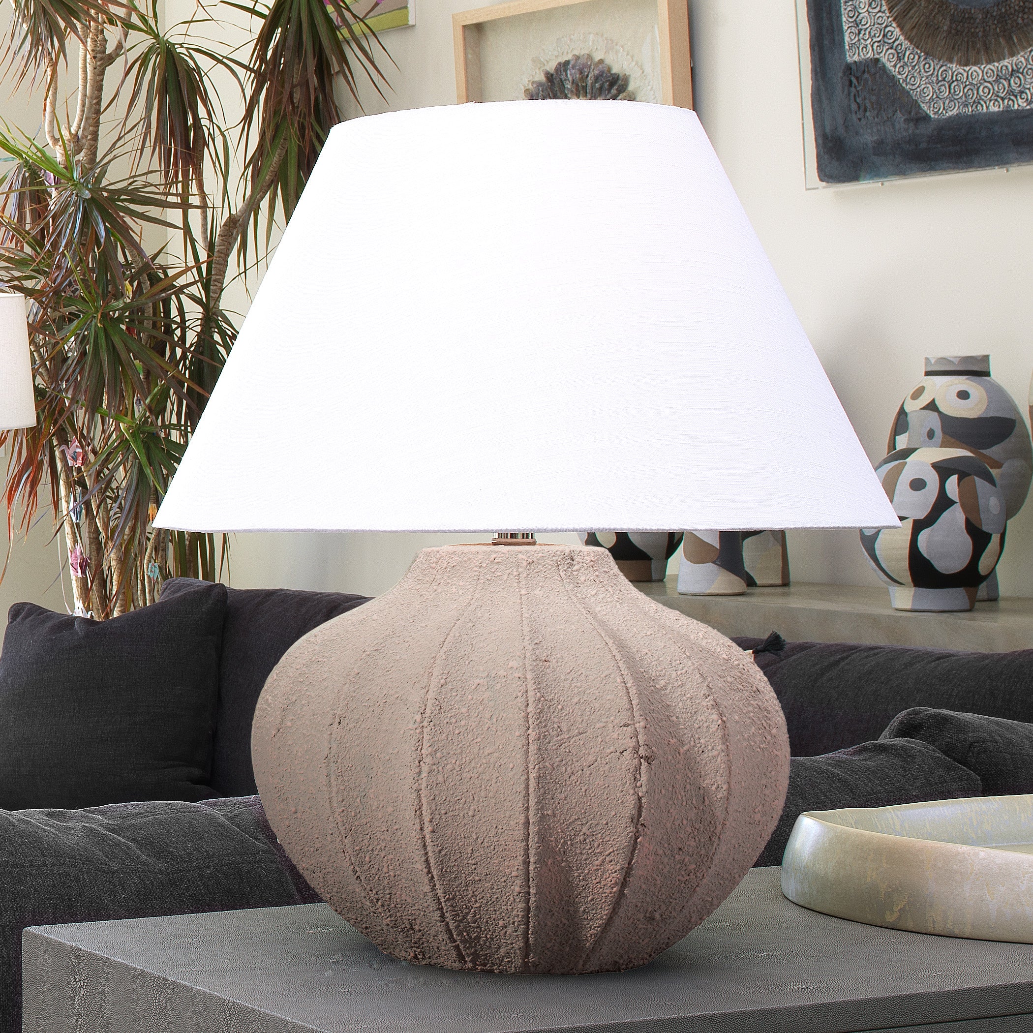 Clamshell Ceramic Table Lamp with Linen Shade by Jamie Young