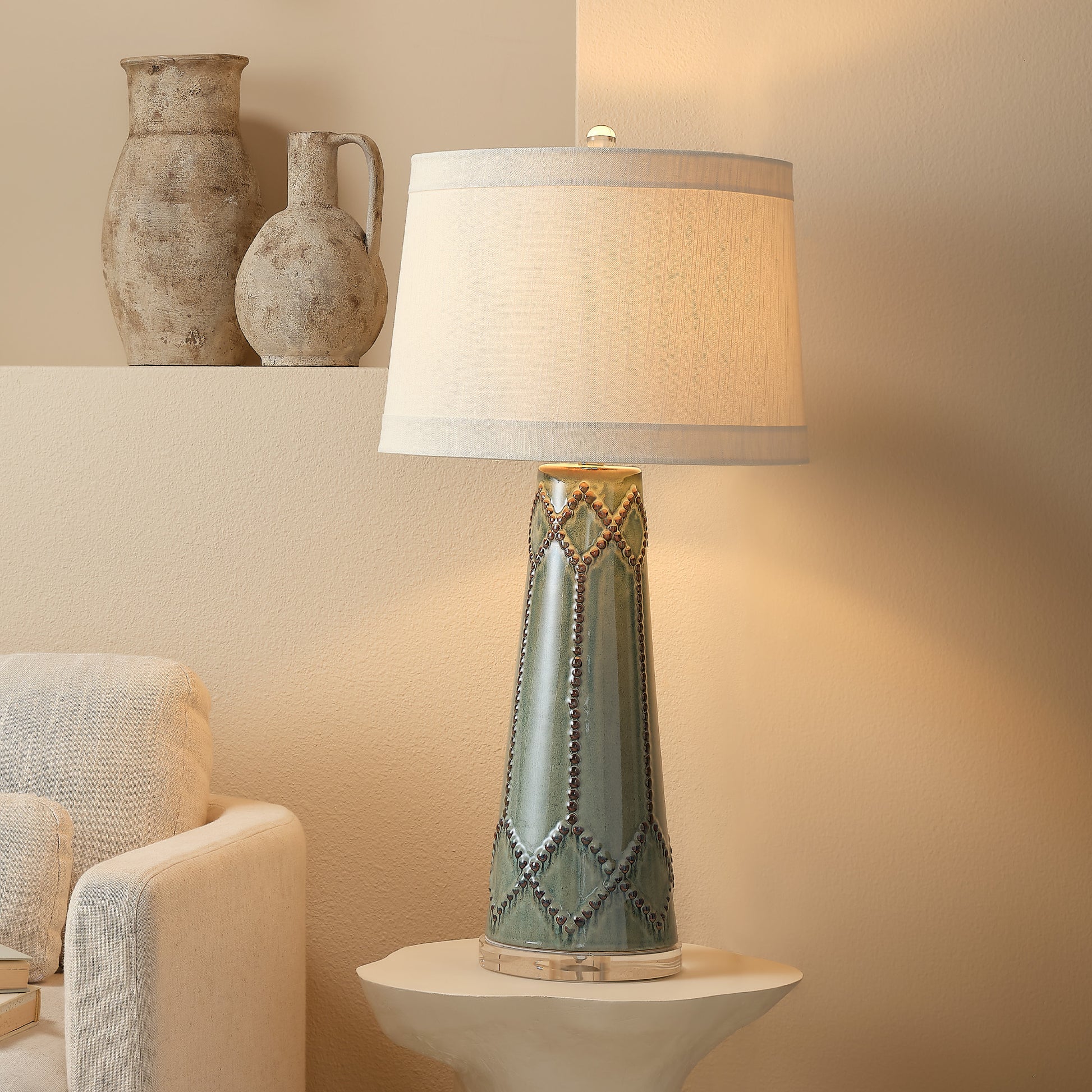 Hobnail Ceramic Table Lamp with Linen Shade by Jamie Young