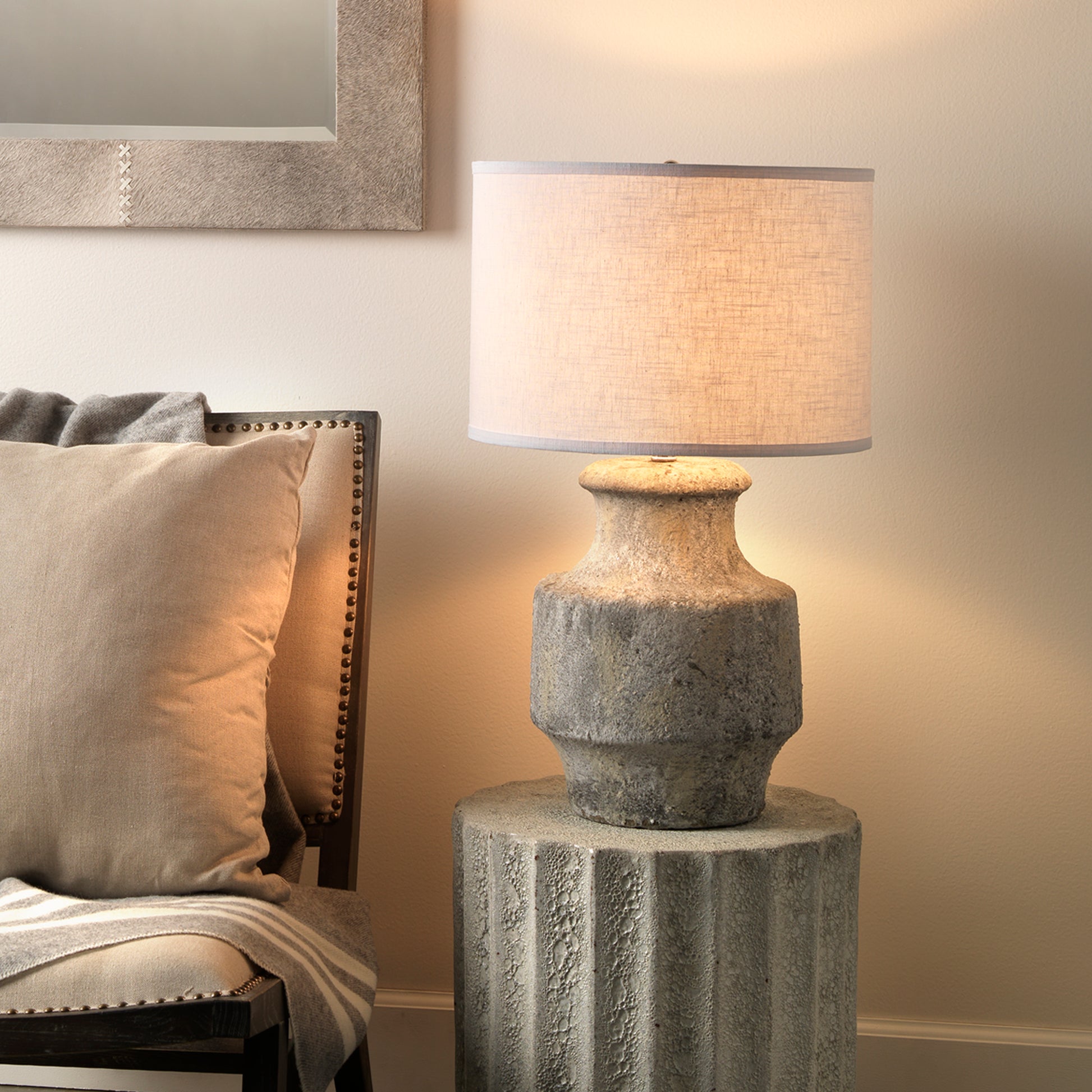 Masonry Ceramic Table Lamp with Linen Shade, Grey by Jamie Young