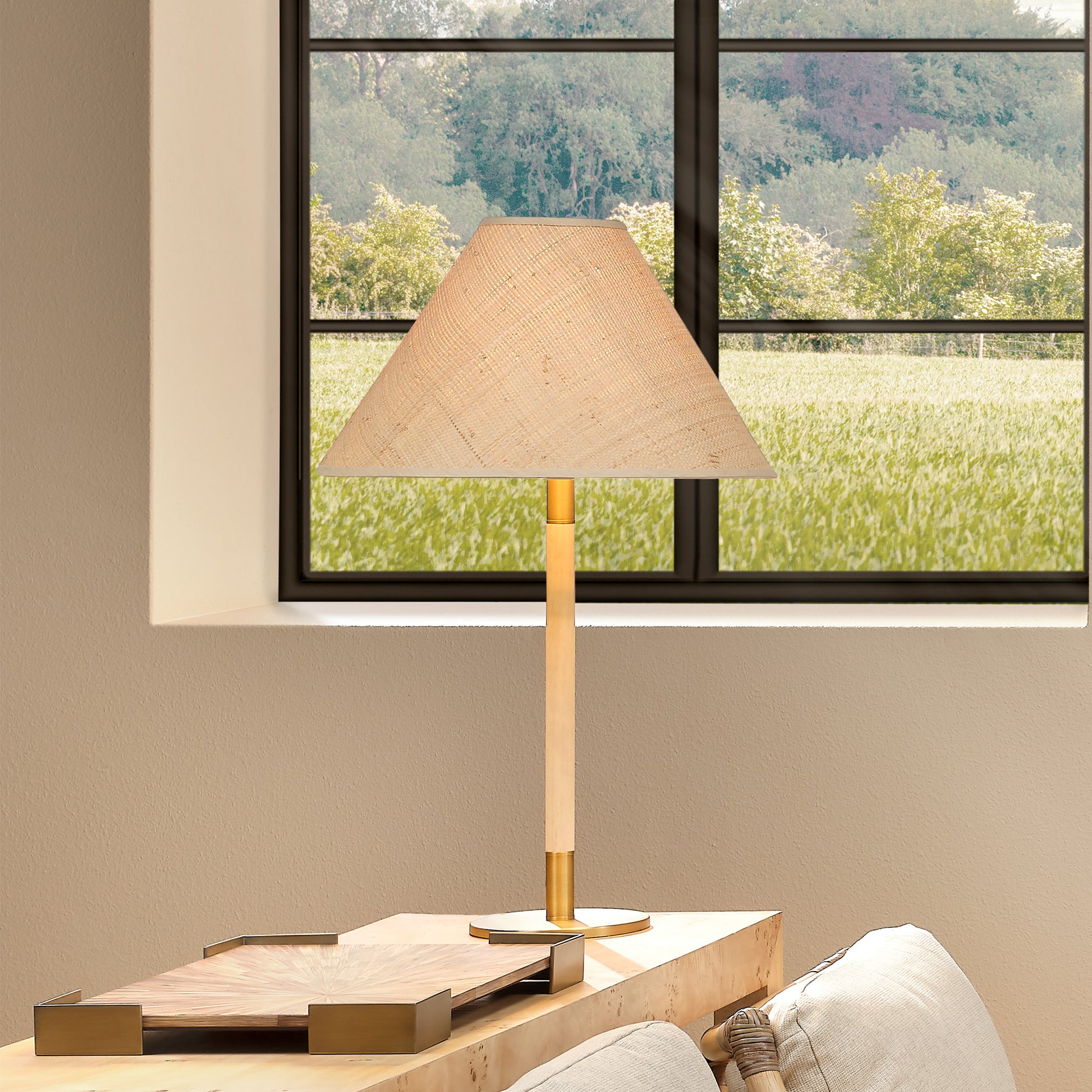 Morgana Wood and Metal Table Lamp with Raffia Shade by Jamie Young