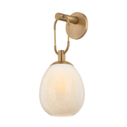 Gold wall sconce with a white glass shade on a white background
