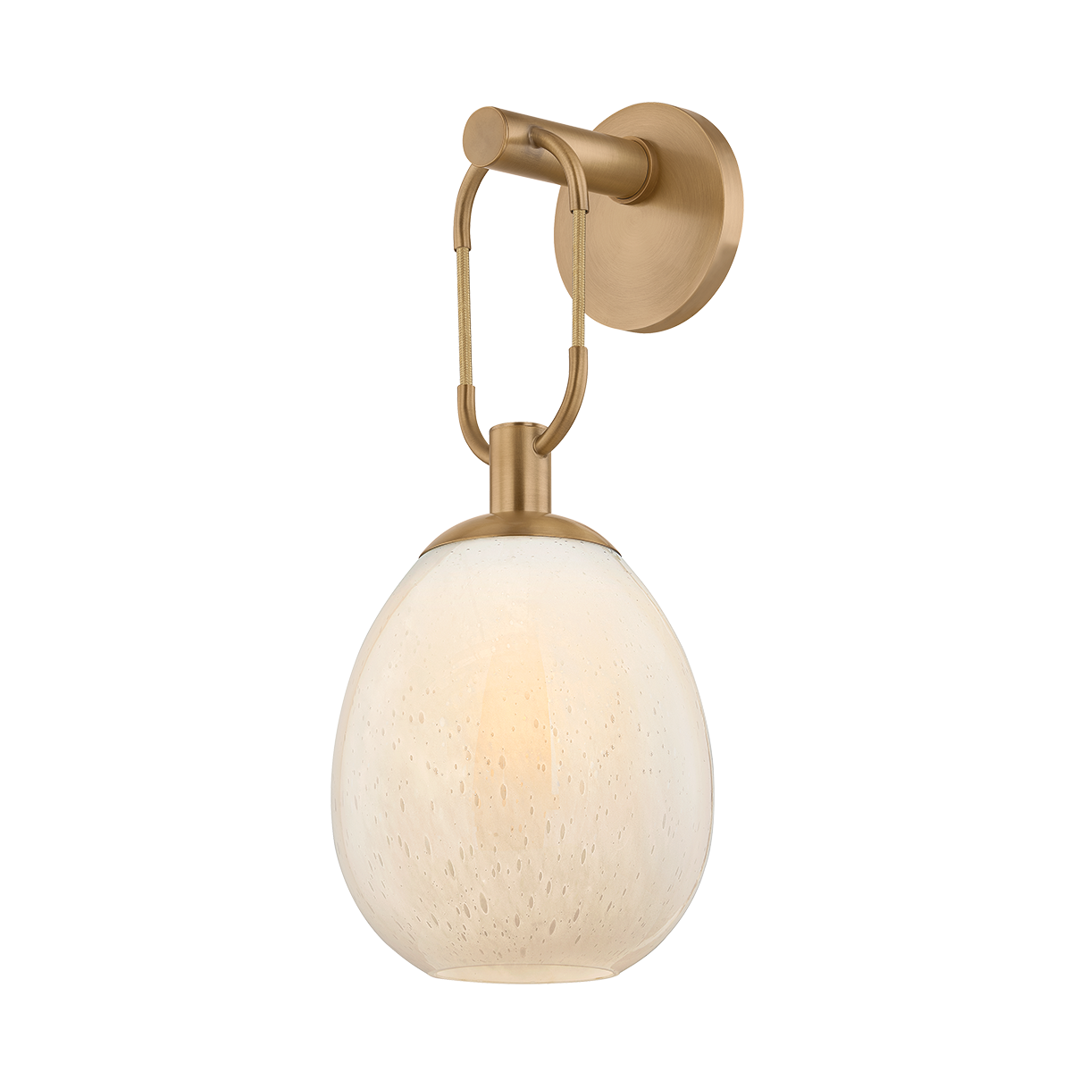 Gold wall sconce with a white glass shade on a white background